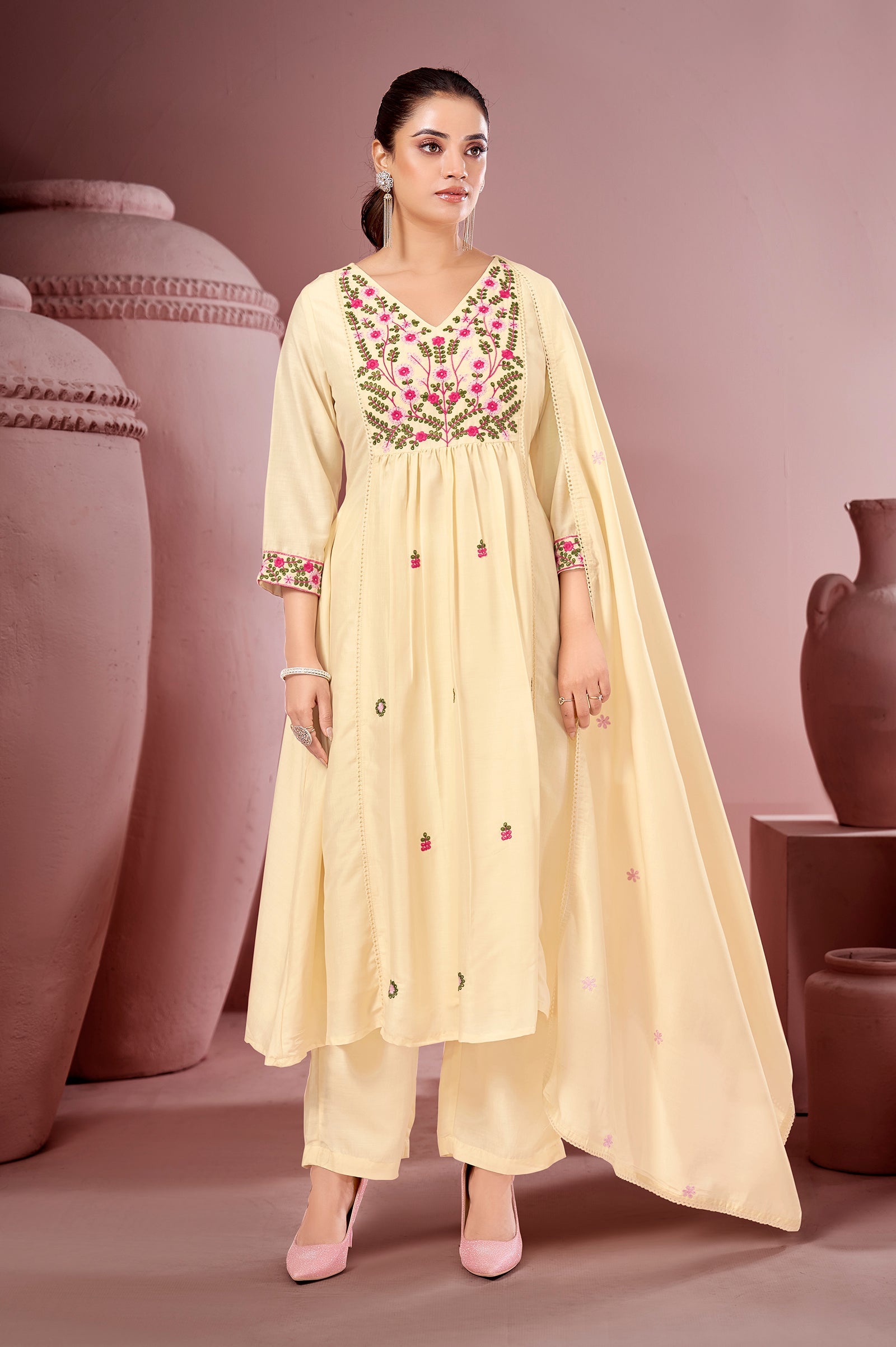Ivory Bloom Pure Cotton Embroidered Flared Kurta Set