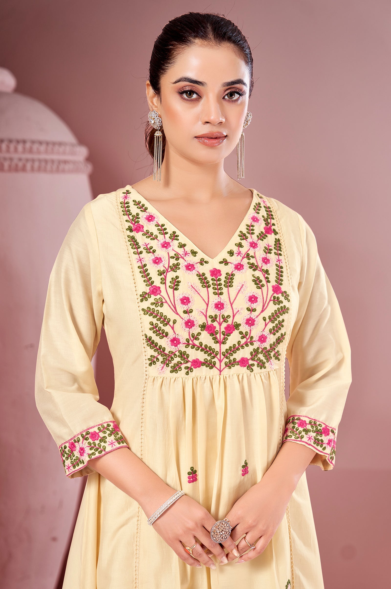 Ivory Bloom Pure Cotton Embroidered Flared Kurta Set