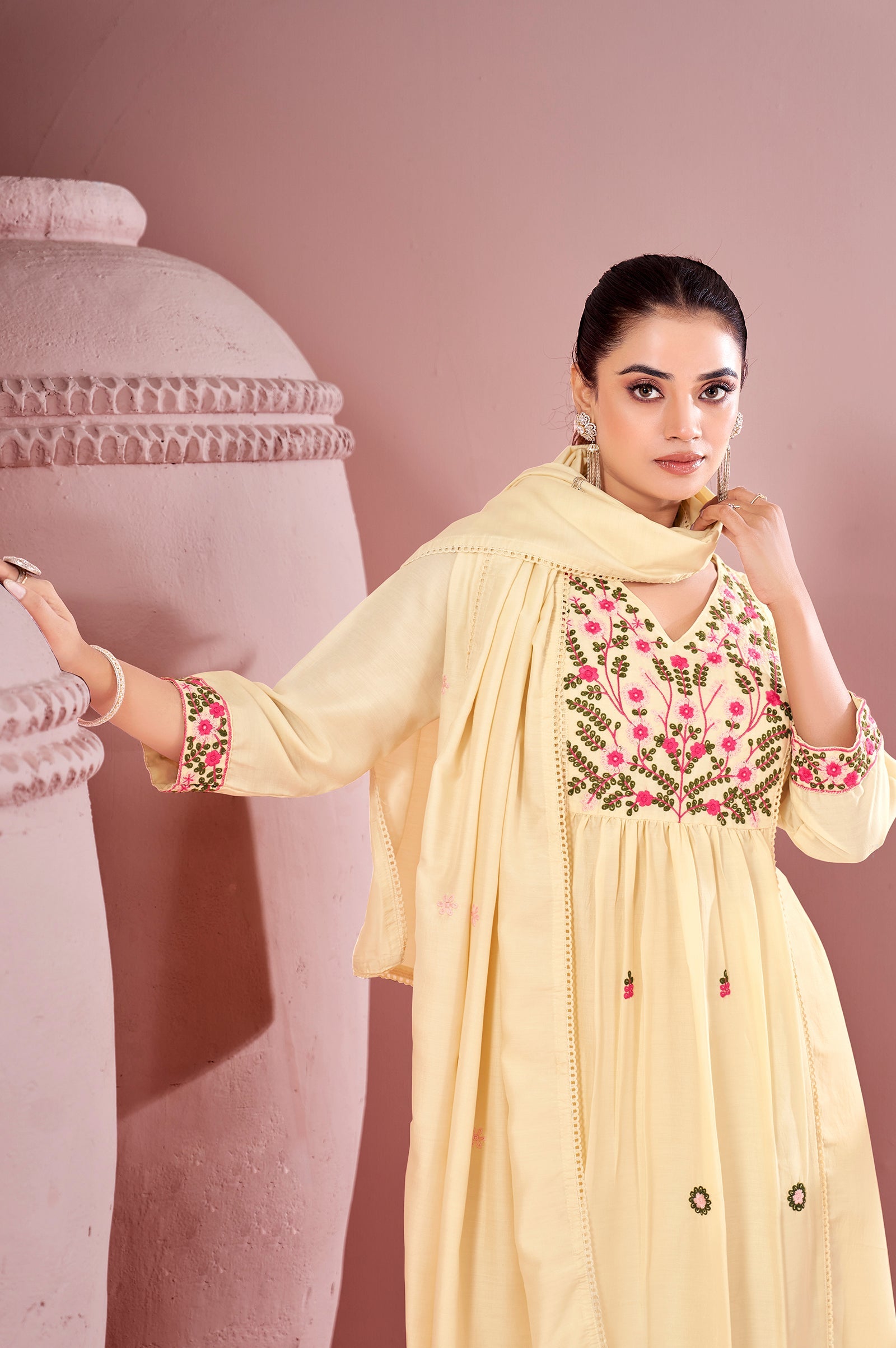 Ivory Bloom Pure Cotton Embroidered Flared Kurta Set