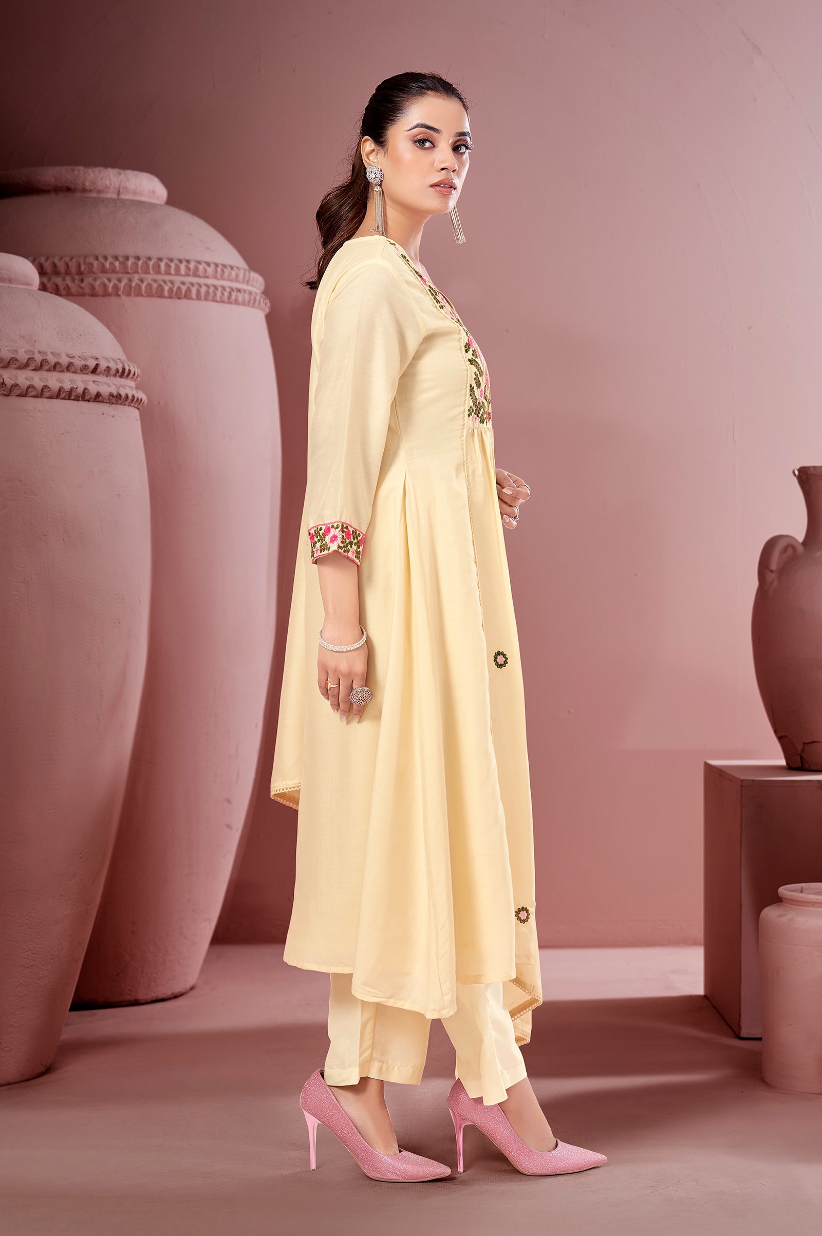 Ivory Bloom Pure Cotton Embroidered Flared Kurta Set