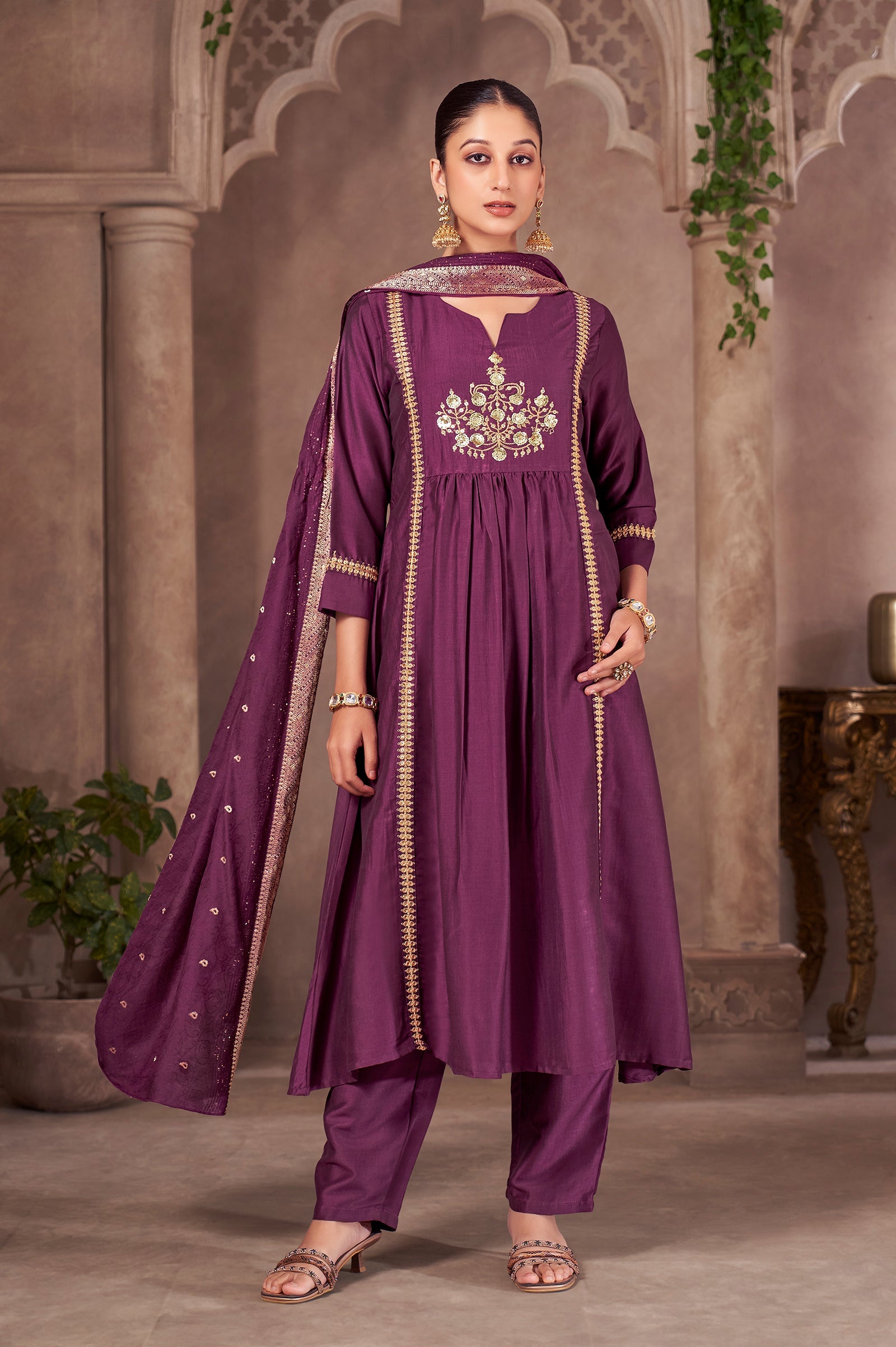 Wine Royale Chinnon Embroidered A-Line Kurta Set