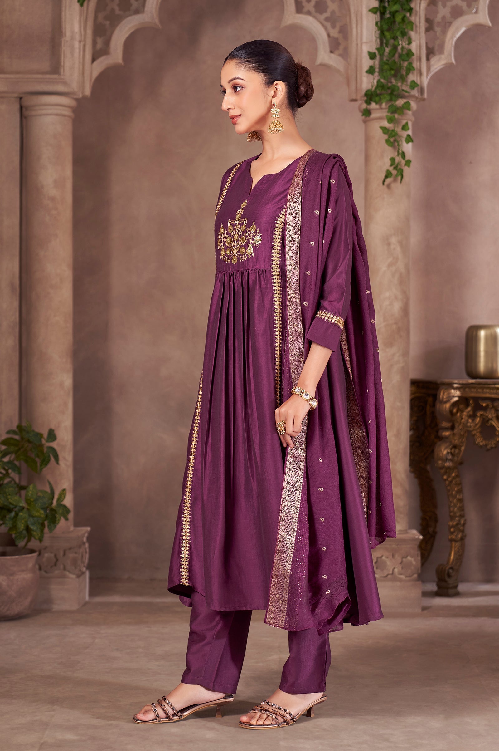 Wine Royale Chinnon Embroidered A-Line Kurta Set