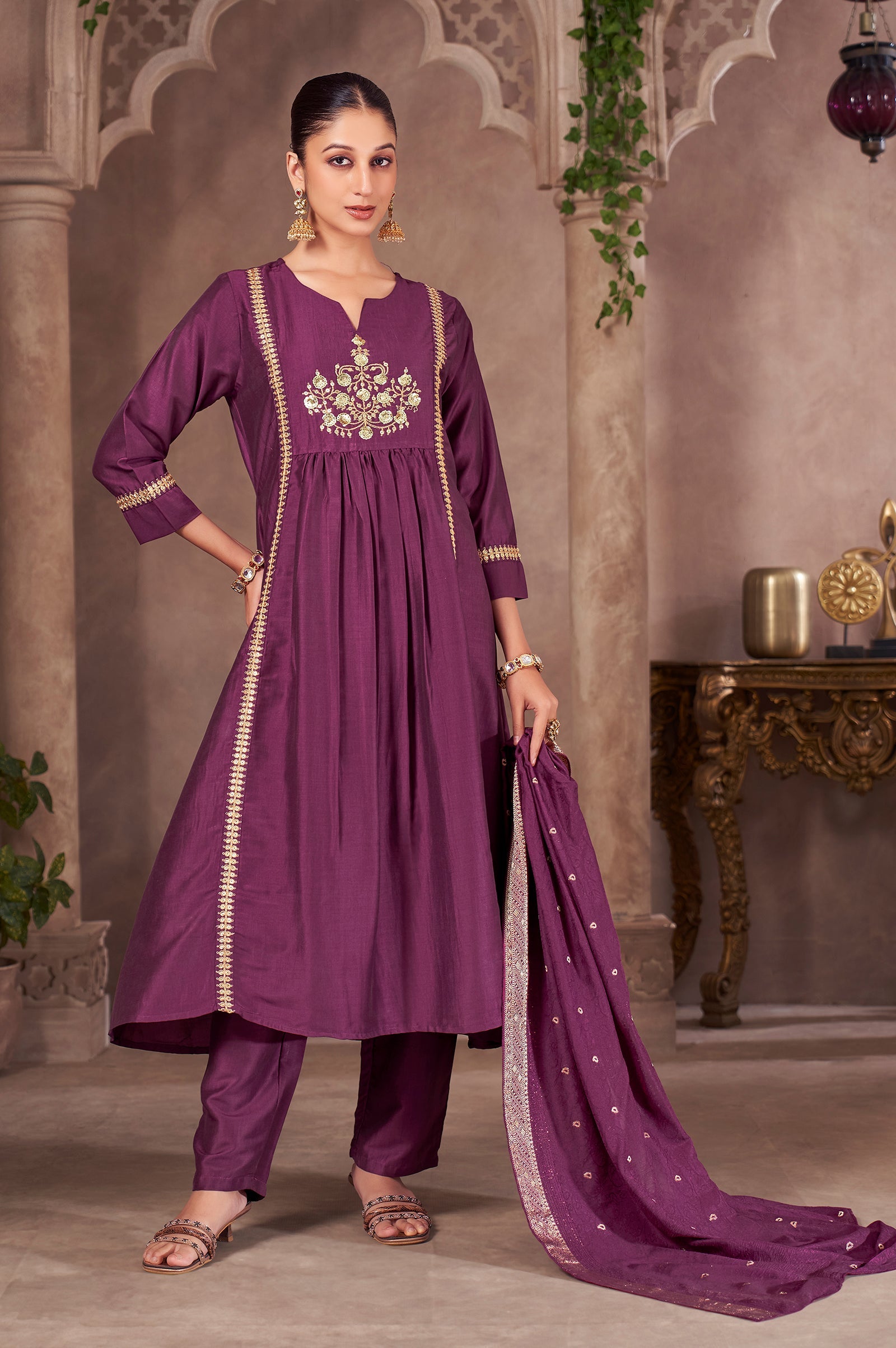 Wine Royale Chinnon Embroidered A-Line Kurta Set