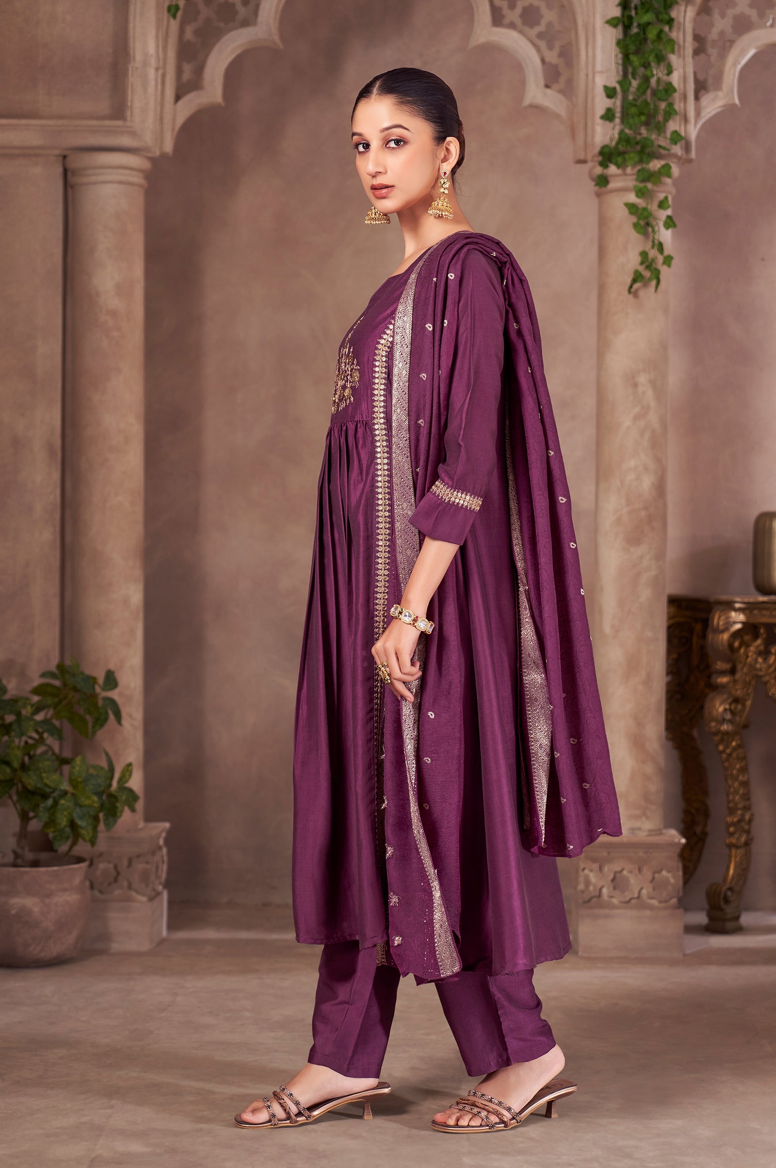 Wine Royale Chinnon Embroidered A-Line Kurta Set