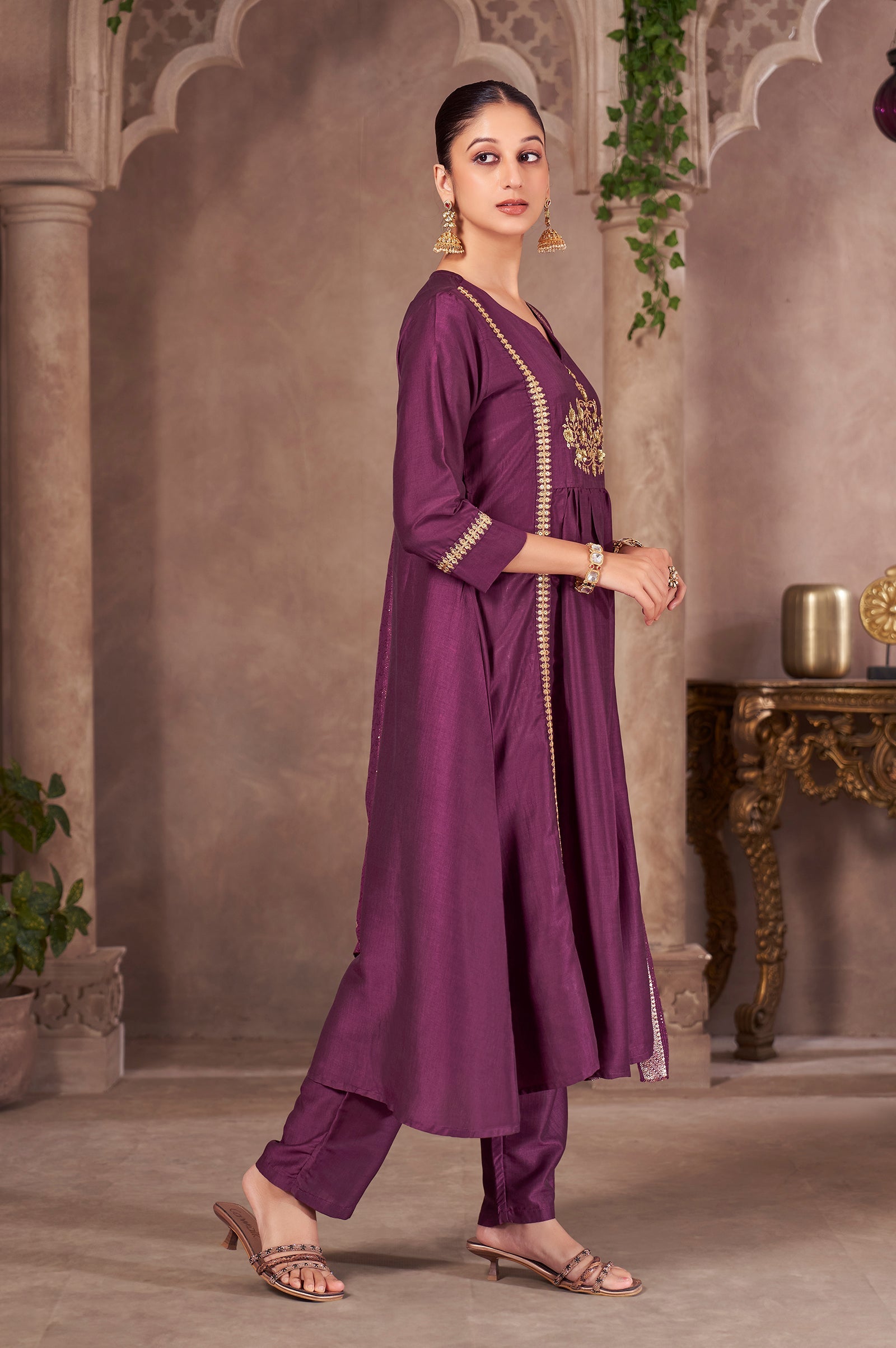 Wine Royale Chinnon Embroidered A-Line Kurta Set