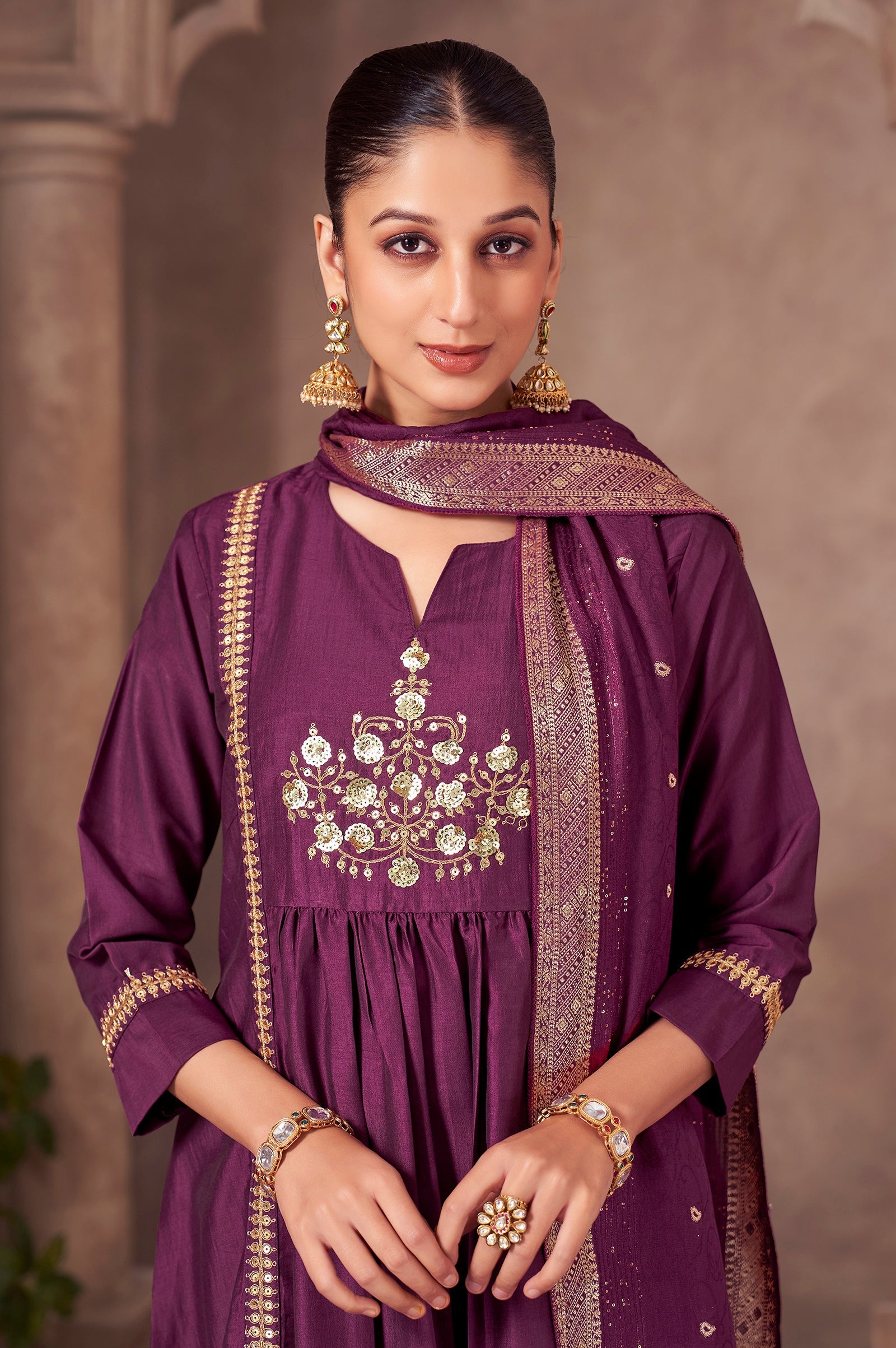 Wine Royale Chinnon Embroidered A-Line Kurta Set