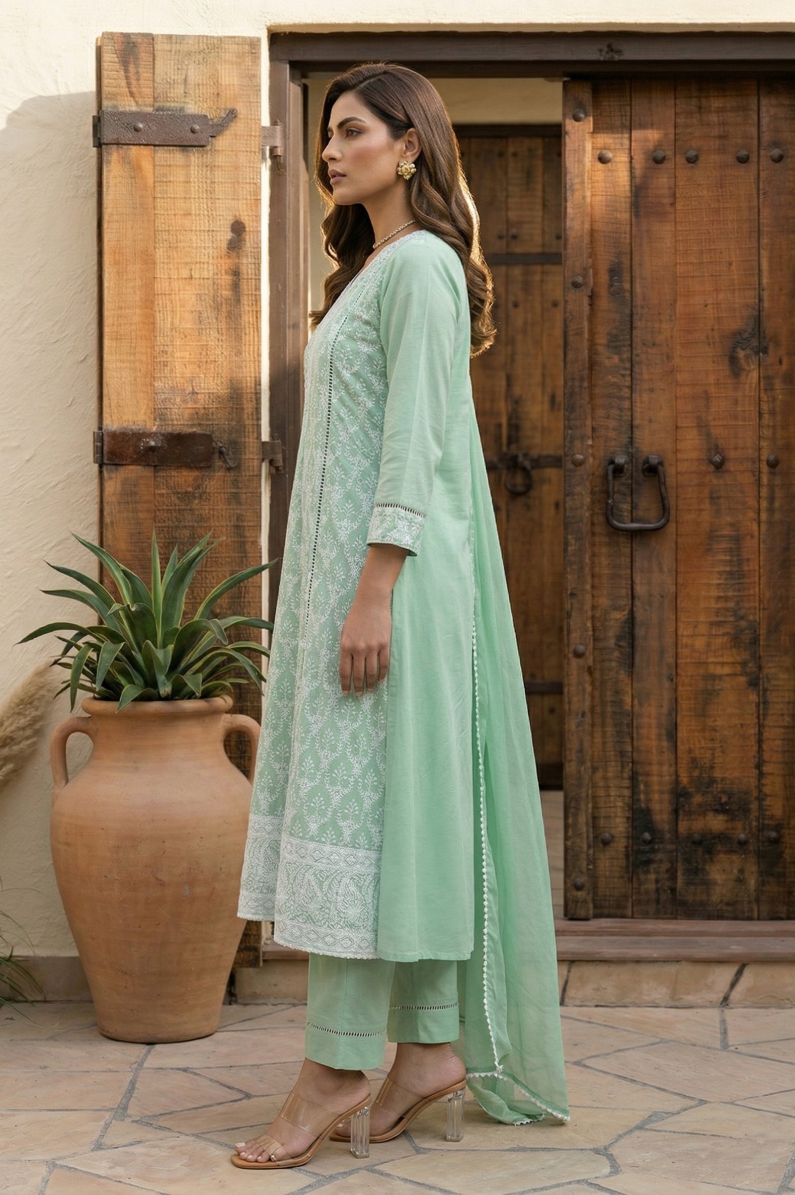 Pista Bloom Schiffli Embroidered Cotton Kurta Set