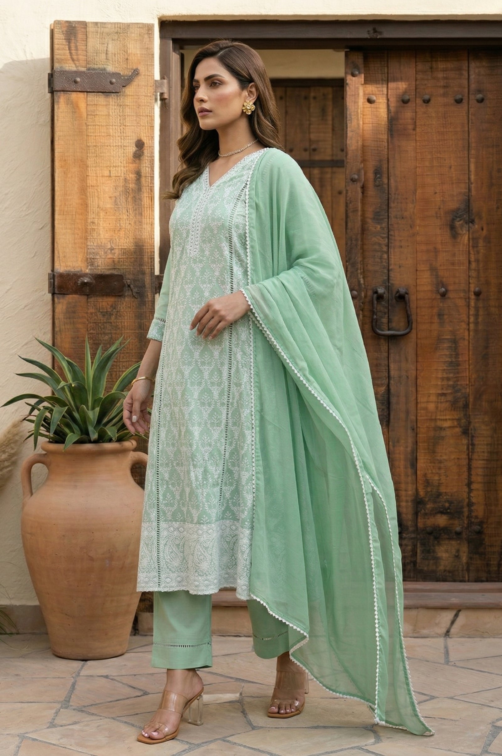 Pista Bloom Schiffli Embroidered Cotton Kurta Set