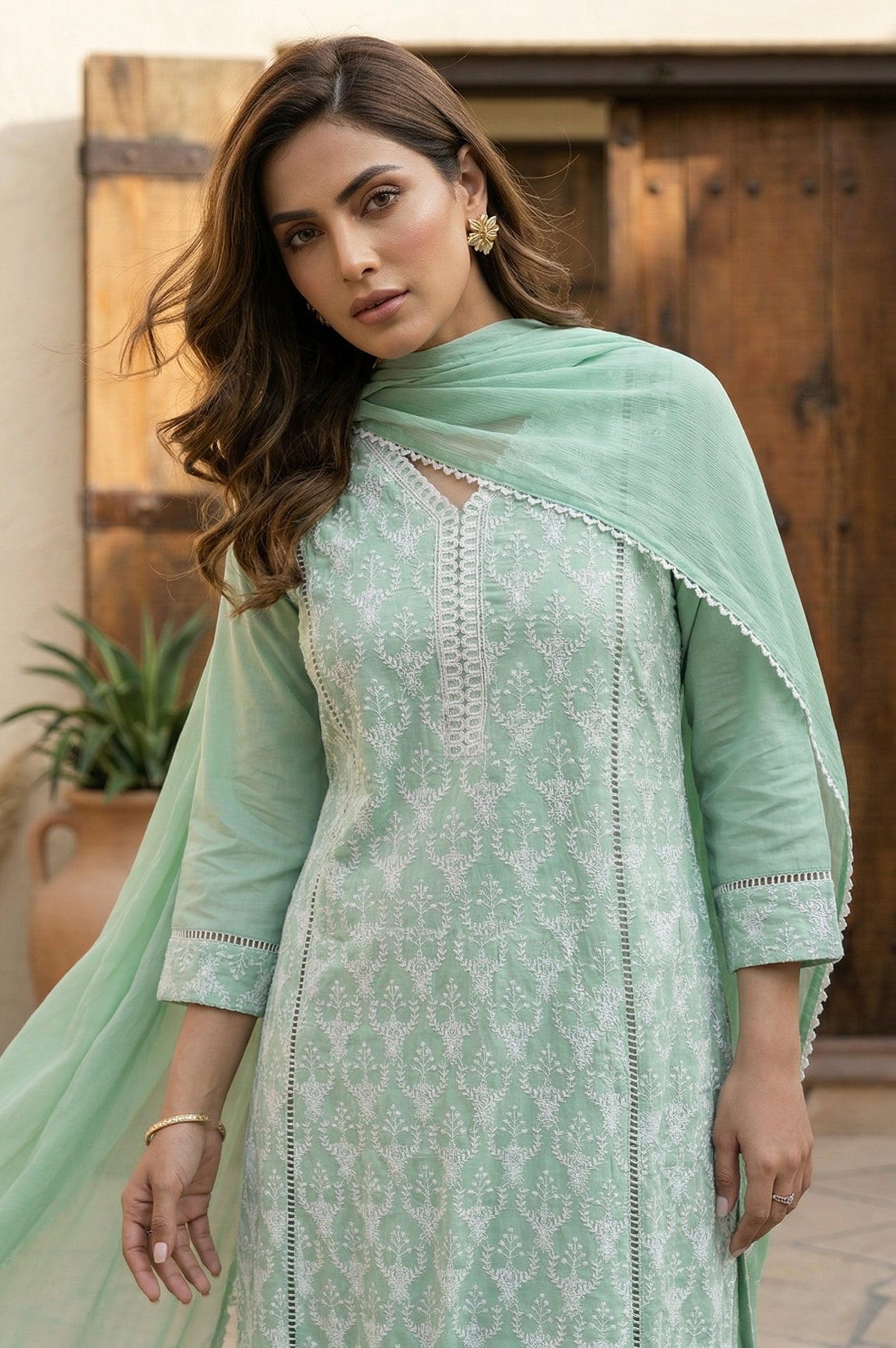 Pista Bloom Schiffli Embroidered Cotton Kurta Set