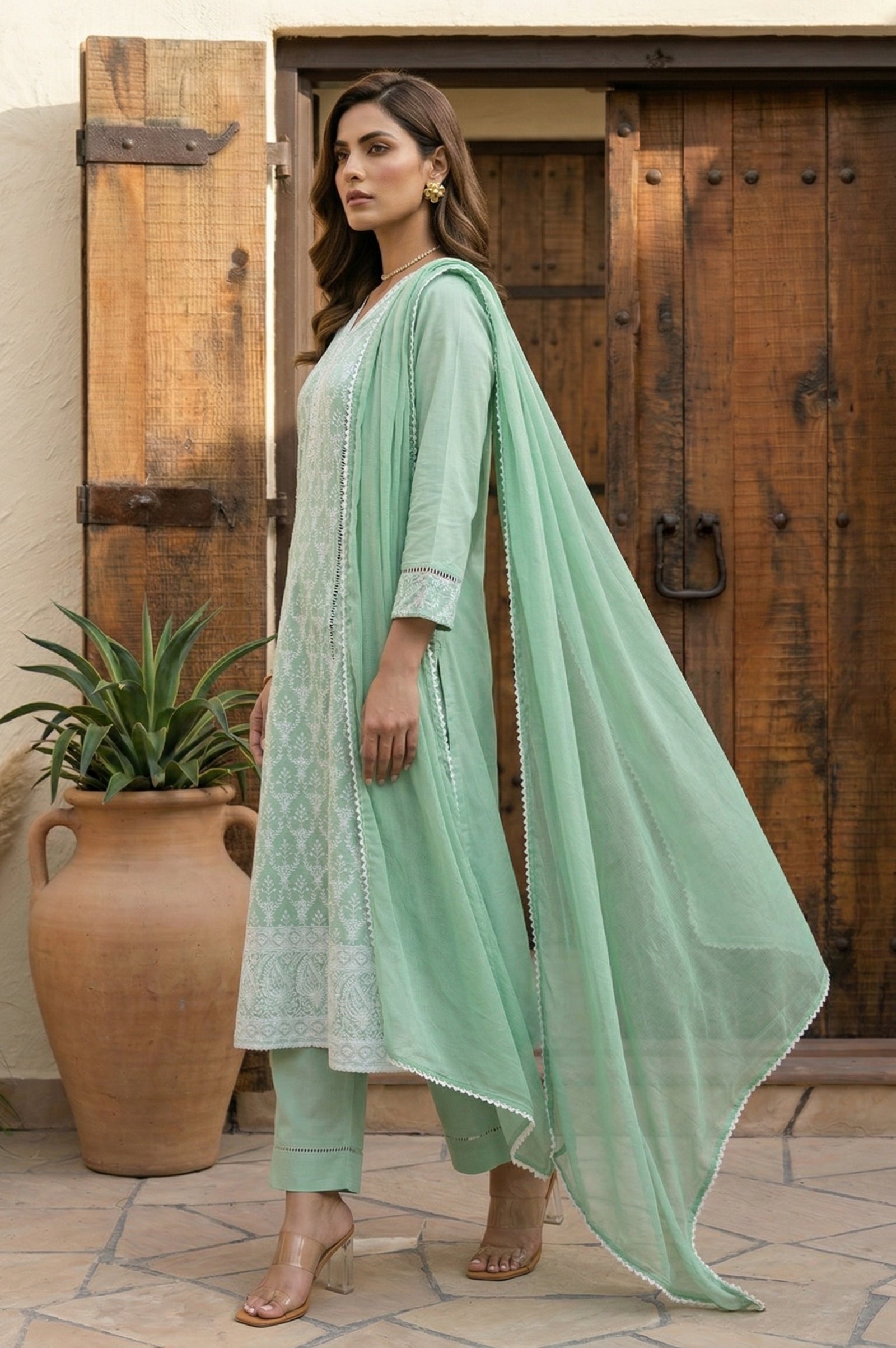 Pista Bloom Schiffli Embroidered Cotton Kurta Set