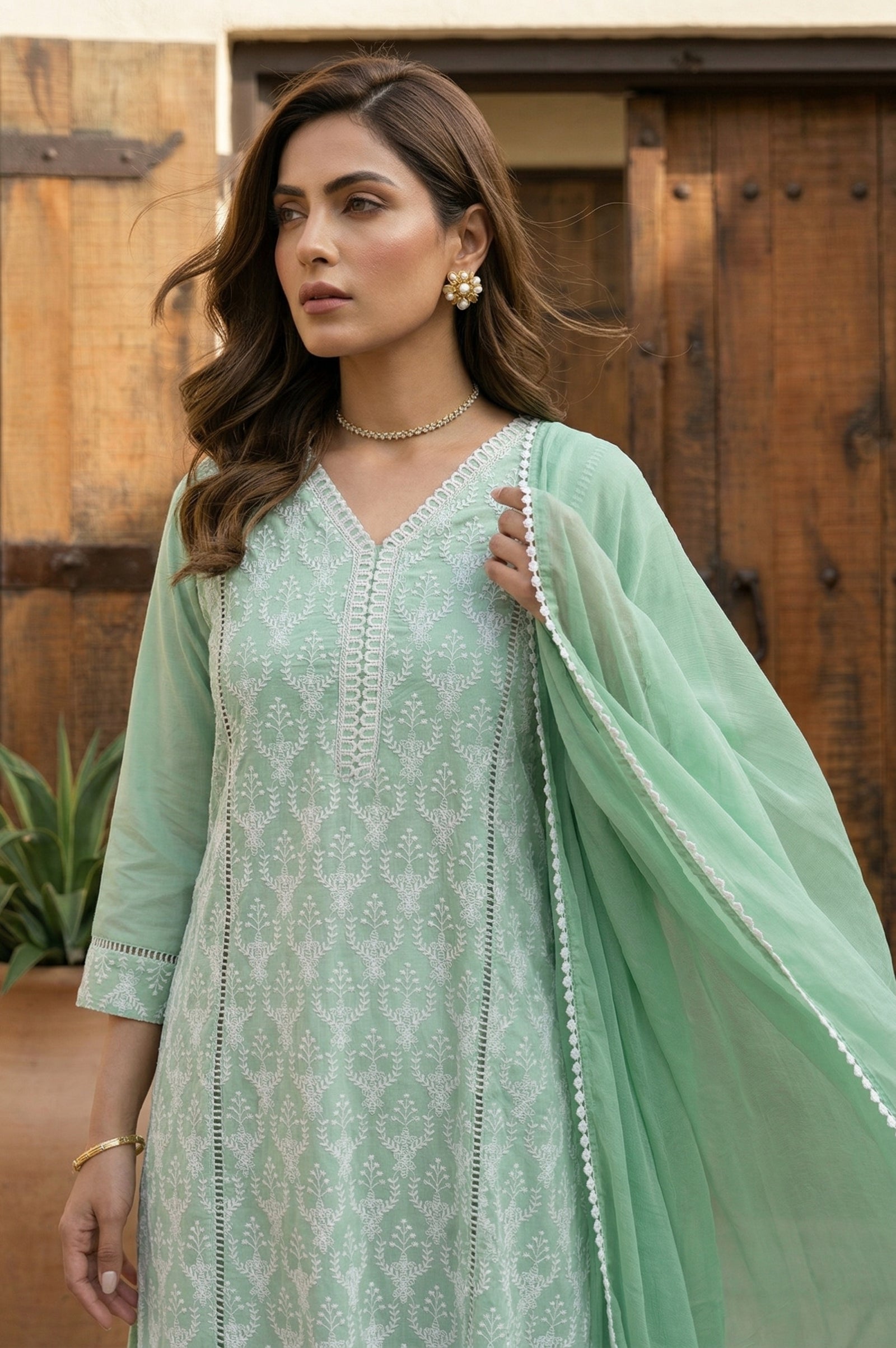 Pista Bloom Schiffli Embroidered Cotton Kurta Set