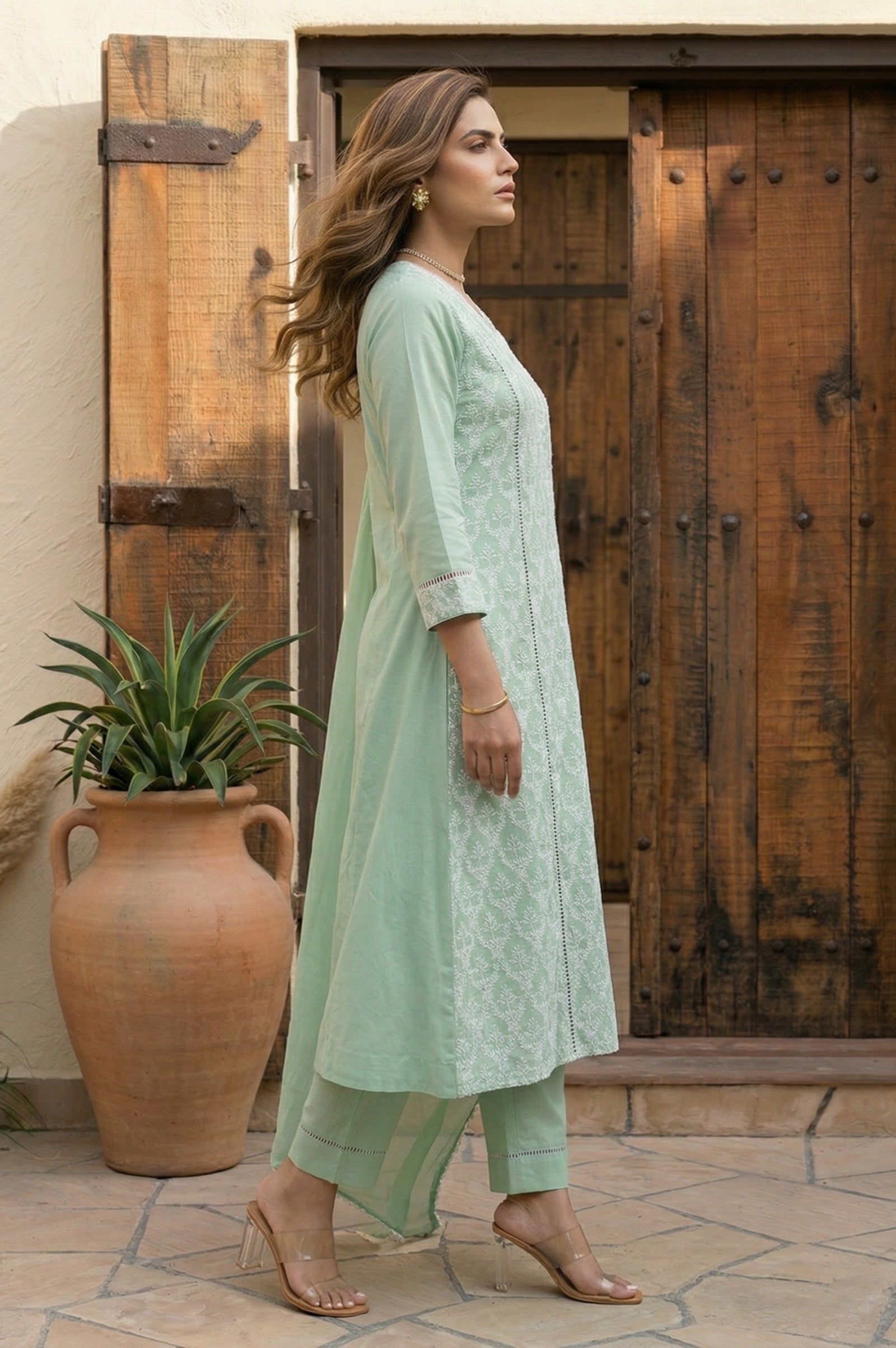Pista Bloom Schiffli Embroidered Cotton Kurta Set