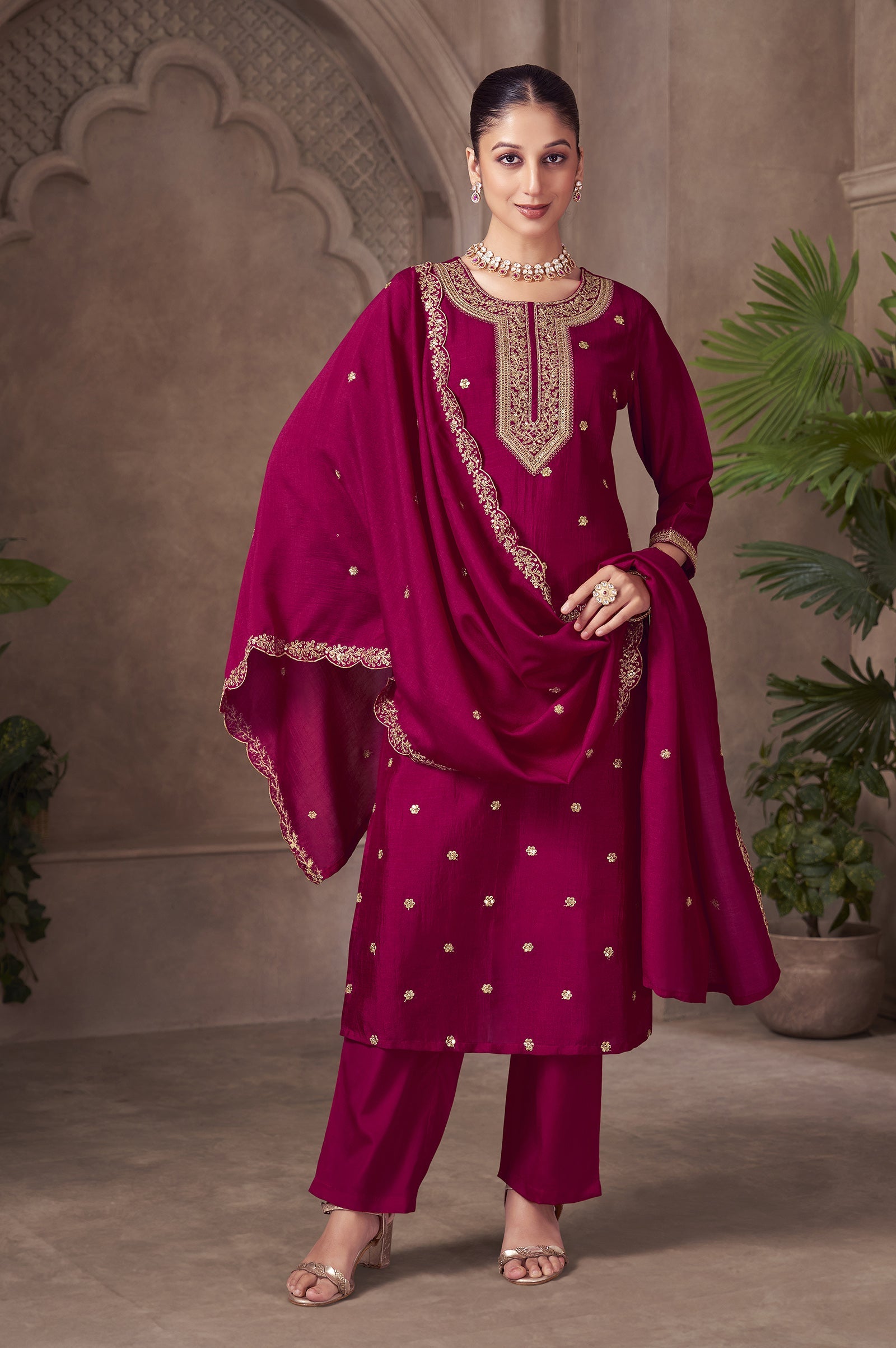 Rose Royale Vichitra Silk Embroidered Kurta Set