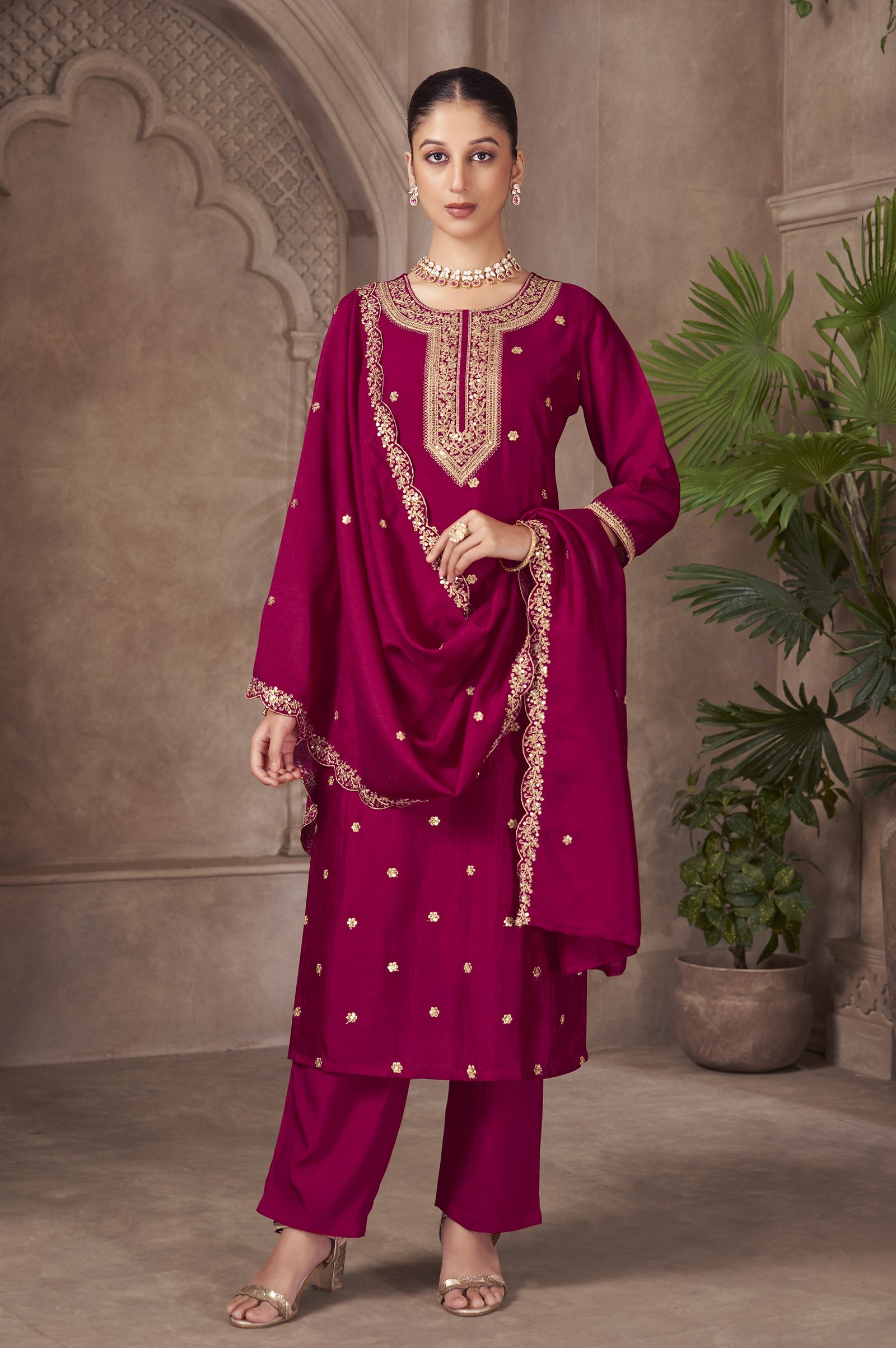 Rose Royale Vichitra Silk Embroidered Kurta Set