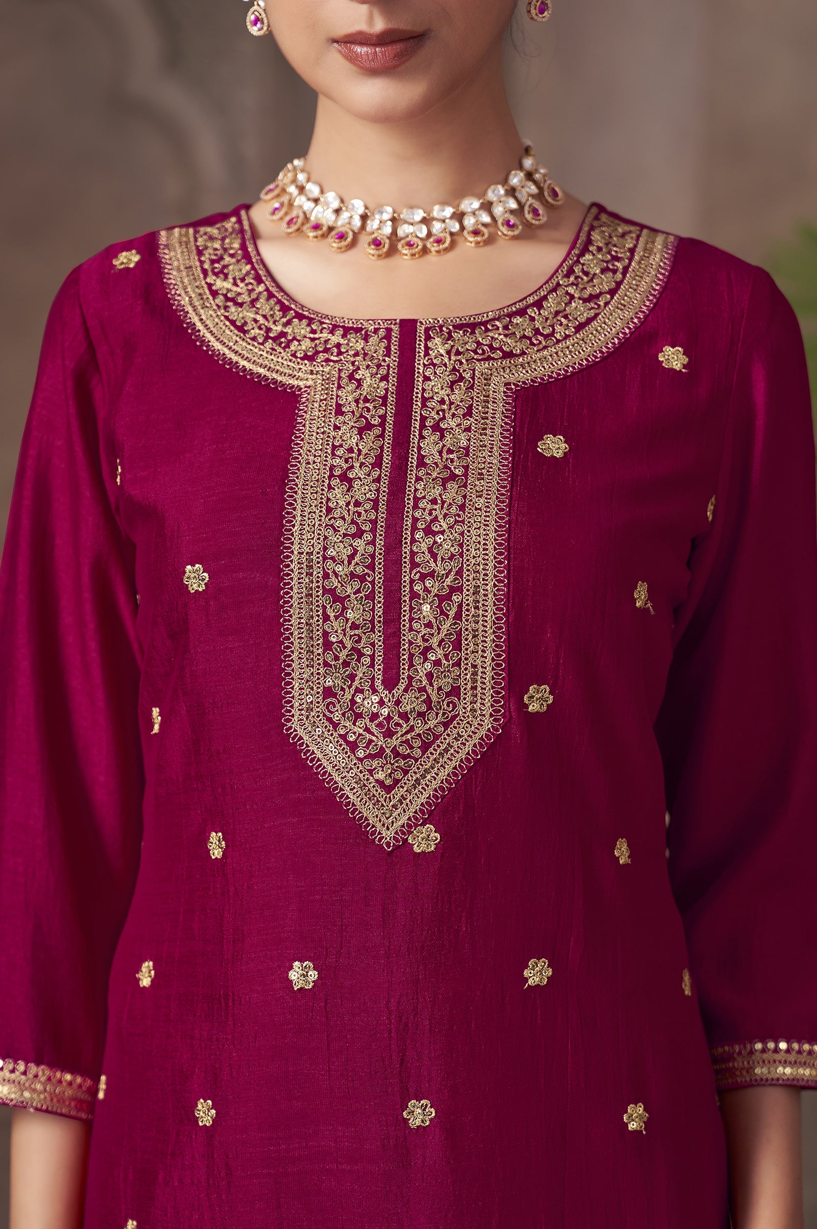 Rose Royale Vichitra Silk Embroidered Kurta Set