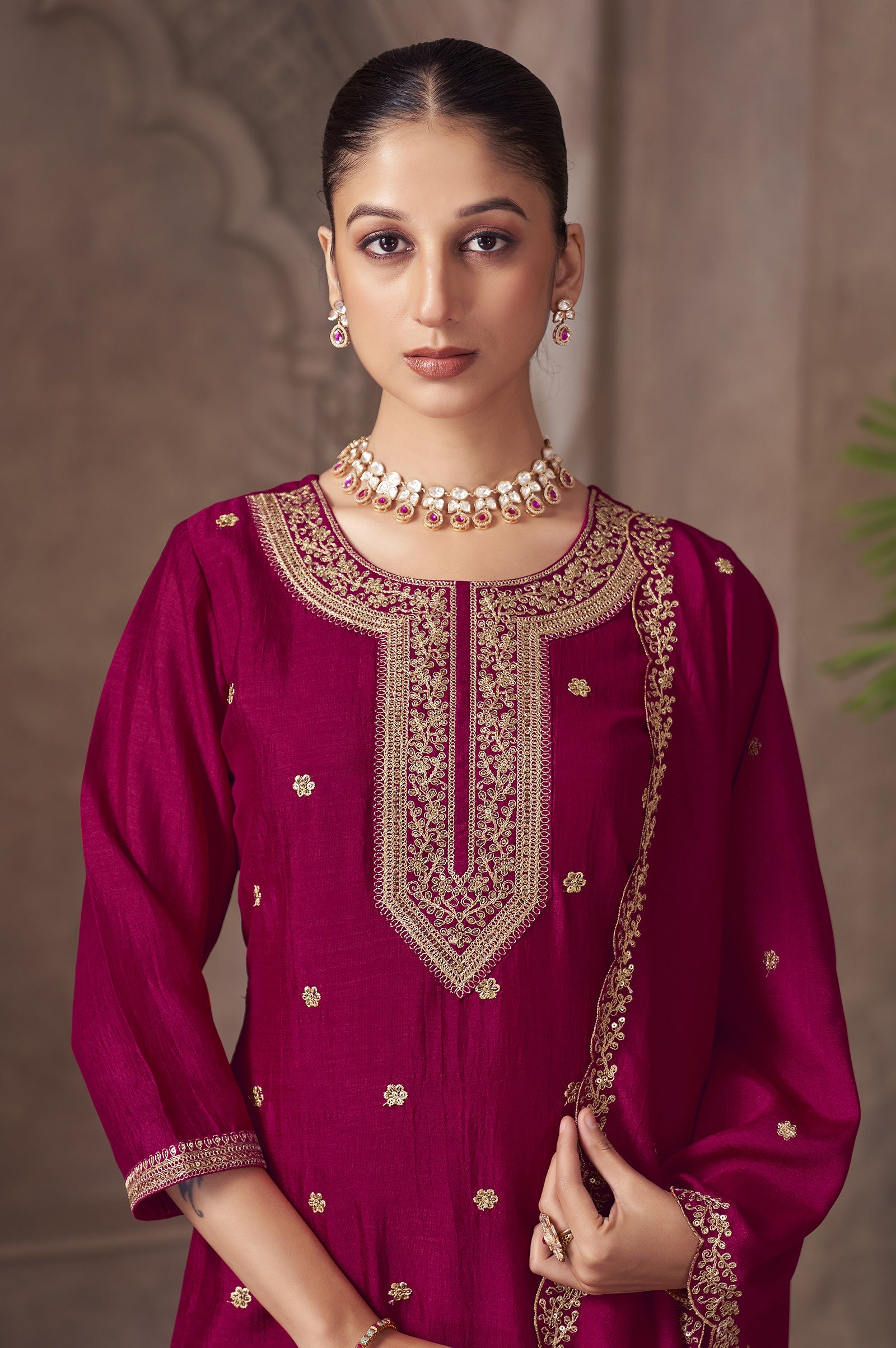 Rose Royale Vichitra Silk Embroidered Kurta Set