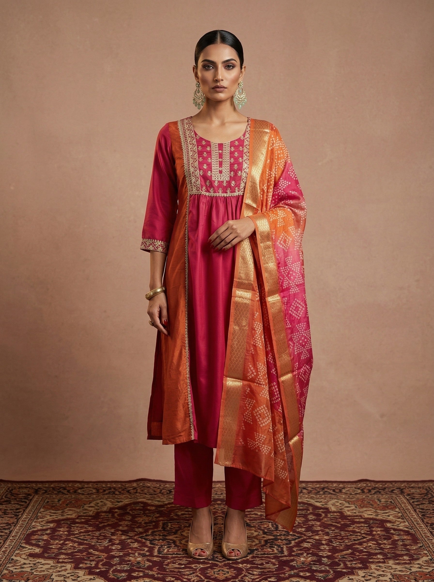 Sunset Bloom Chinnon Embroidered A-Line Kurta Set
