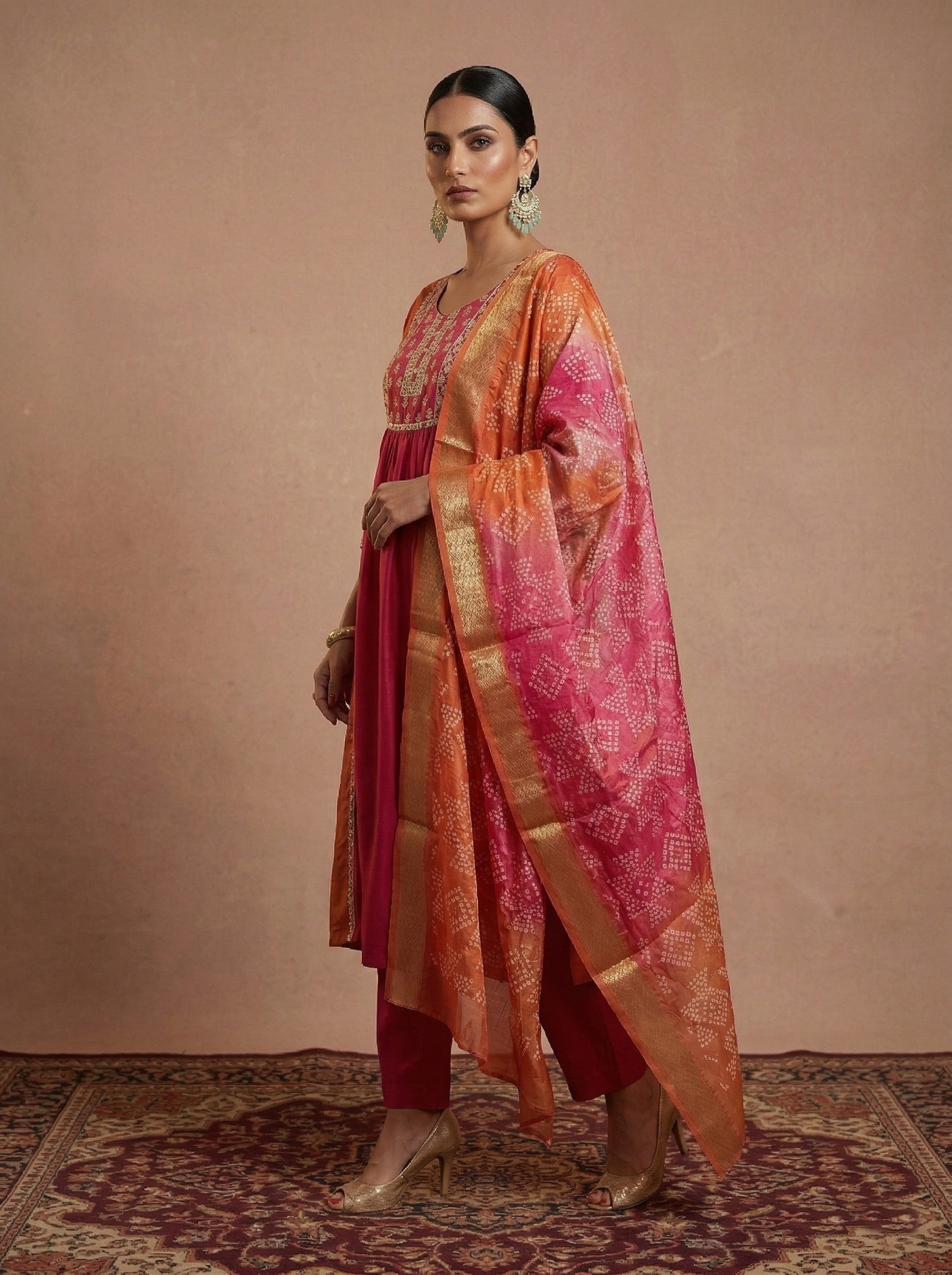 Sunset Bloom Chinnon Embroidered A-Line Kurta Set