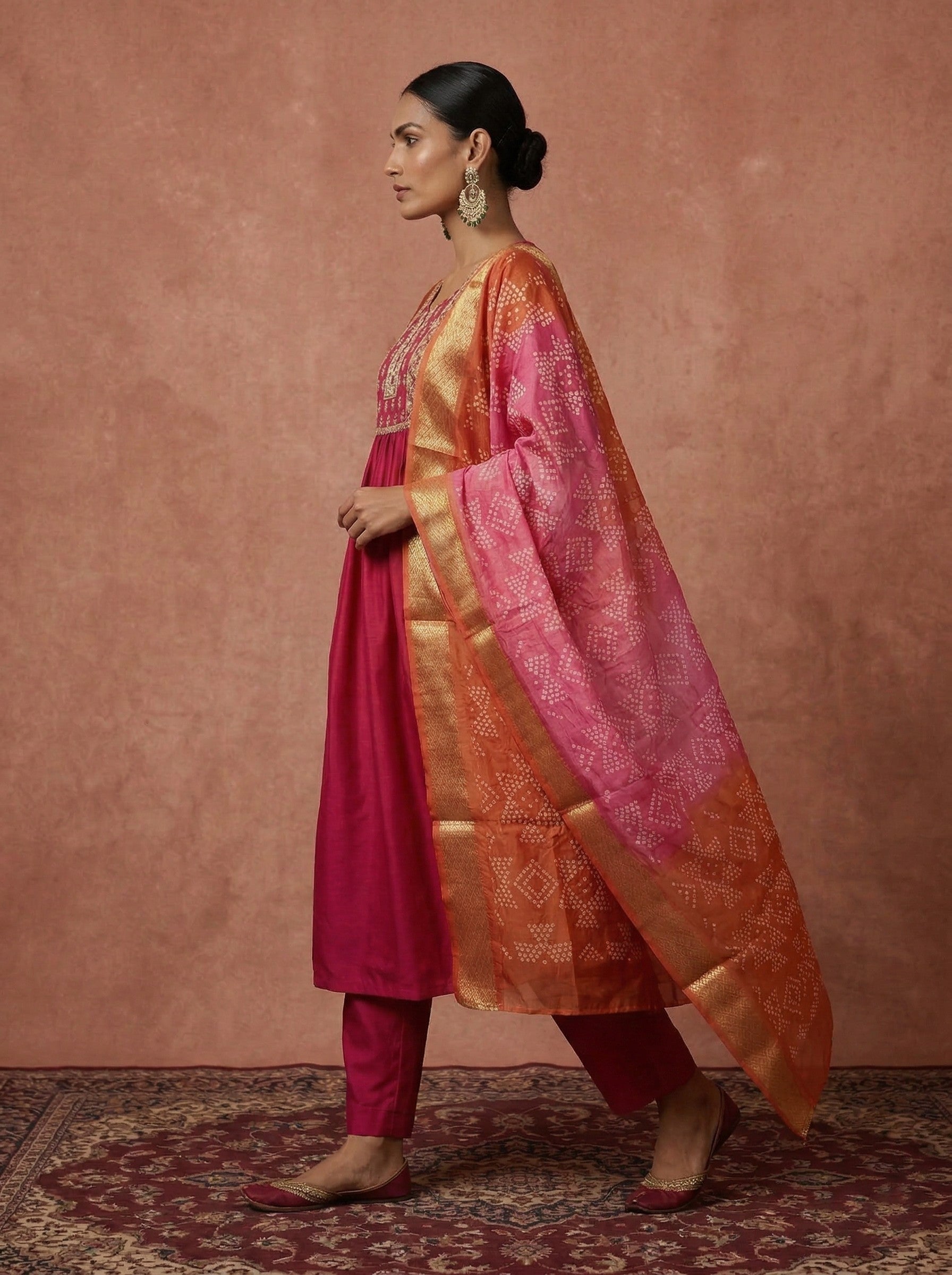 Sunset Bloom Chinnon Embroidered A-Line Kurta Set