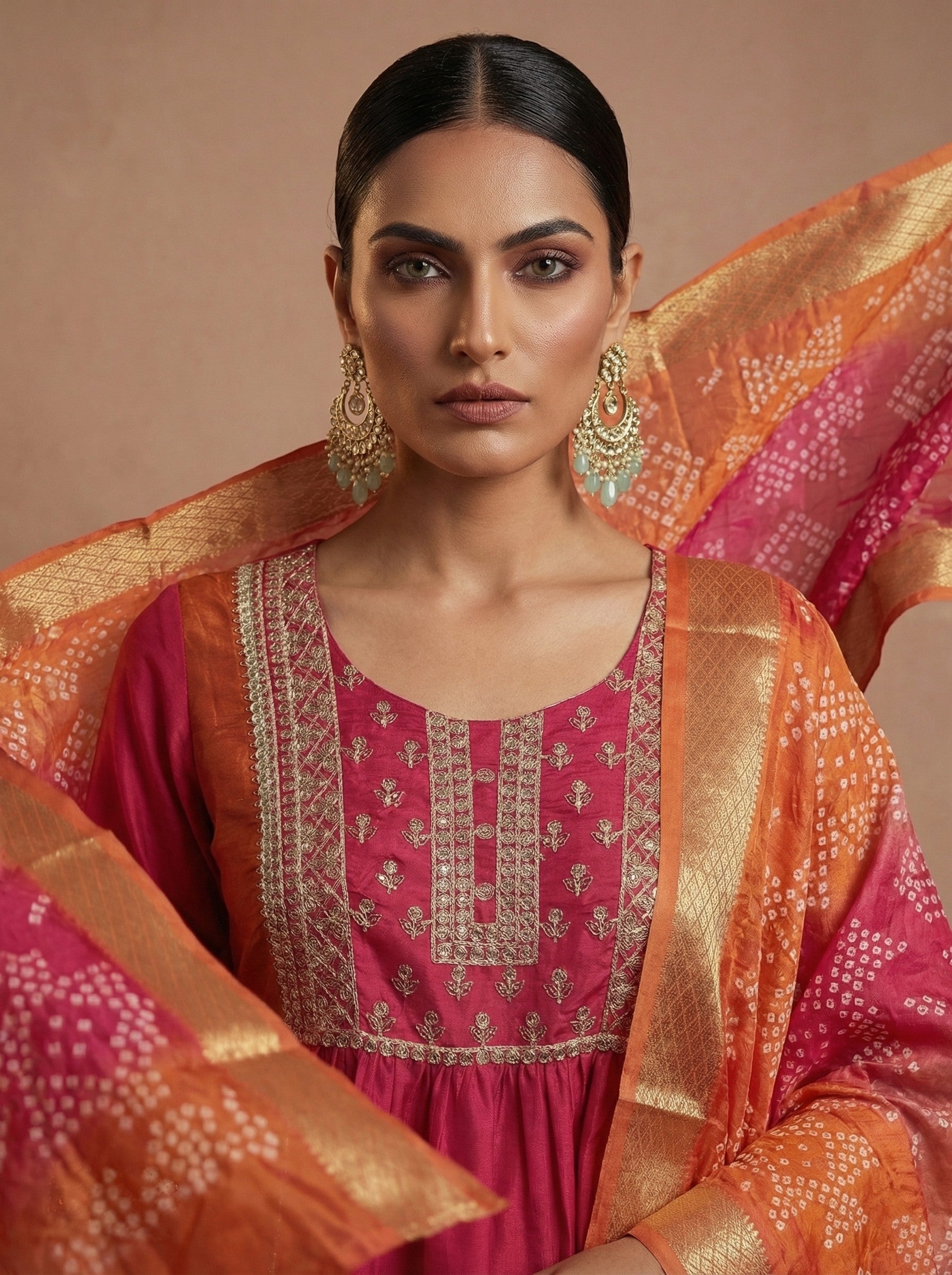 Sunset Bloom Chinnon Embroidered A-Line Kurta Set