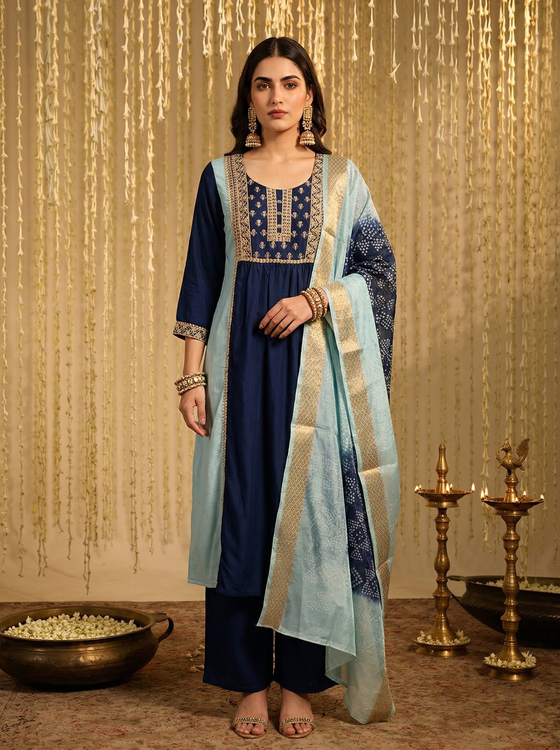 Ocean Twilight Chinnon Embroidered A-Line Kurta Set
