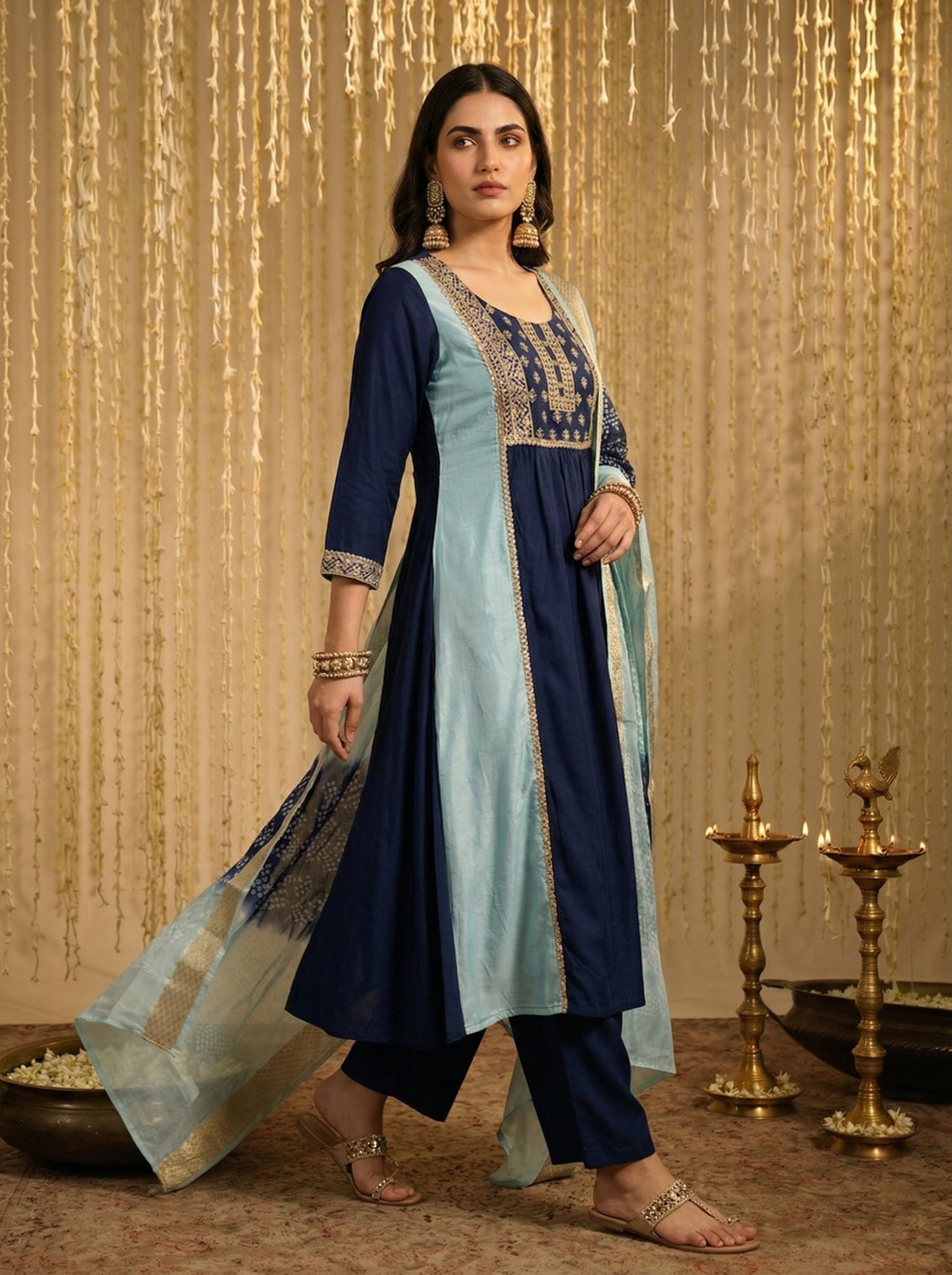 Ocean Twilight Chinnon Embroidered A-Line Kurta Set