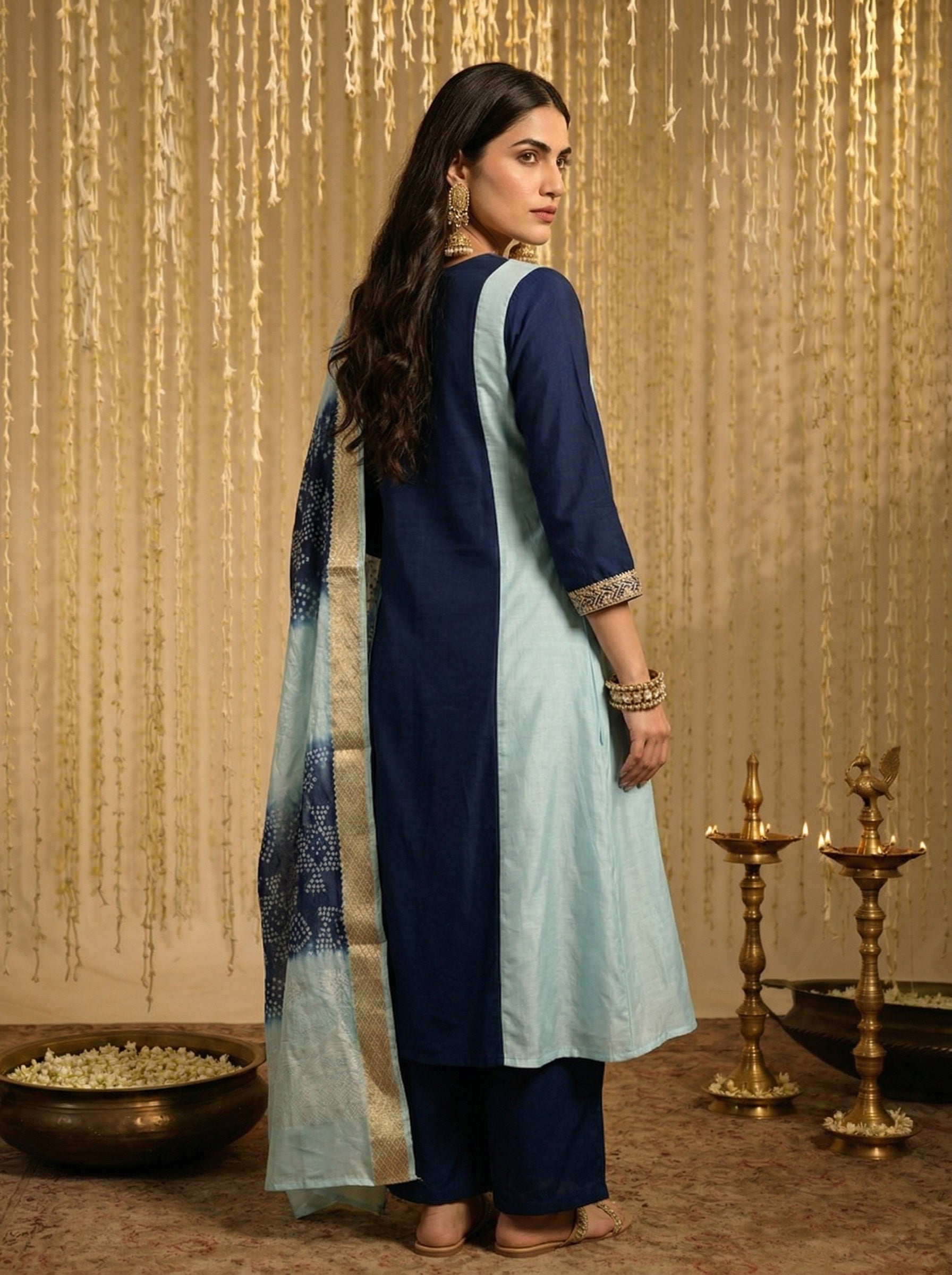 Ocean Twilight Chinnon Embroidered A-Line Kurta Set