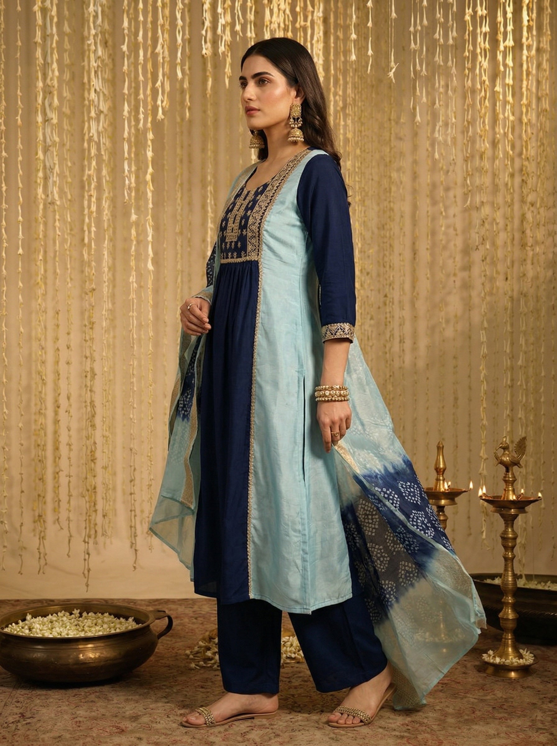 Ocean Twilight Chinnon Embroidered A-Line Kurta Set