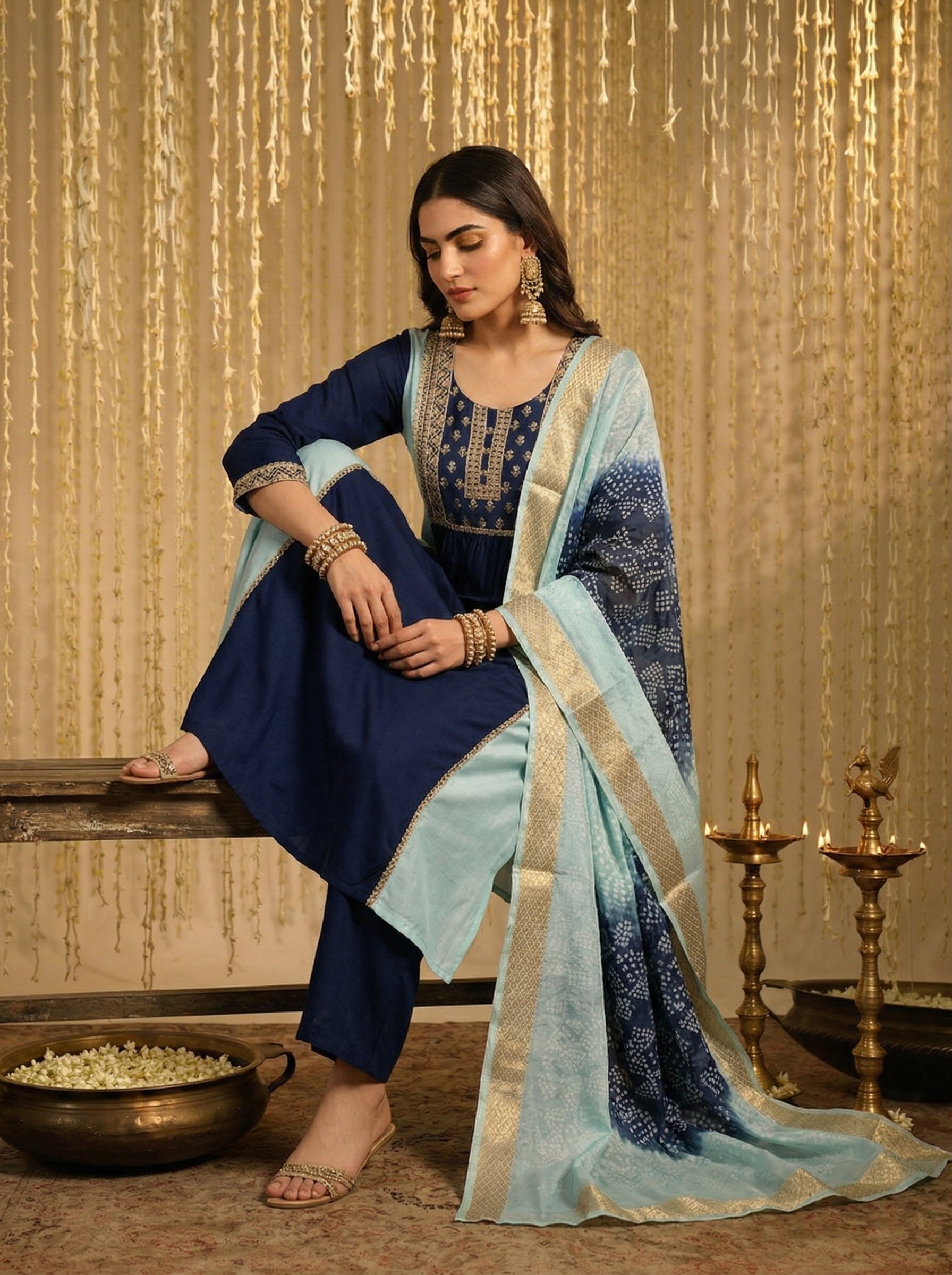 Ocean Twilight Chinnon Embroidered A-Line Kurta Set