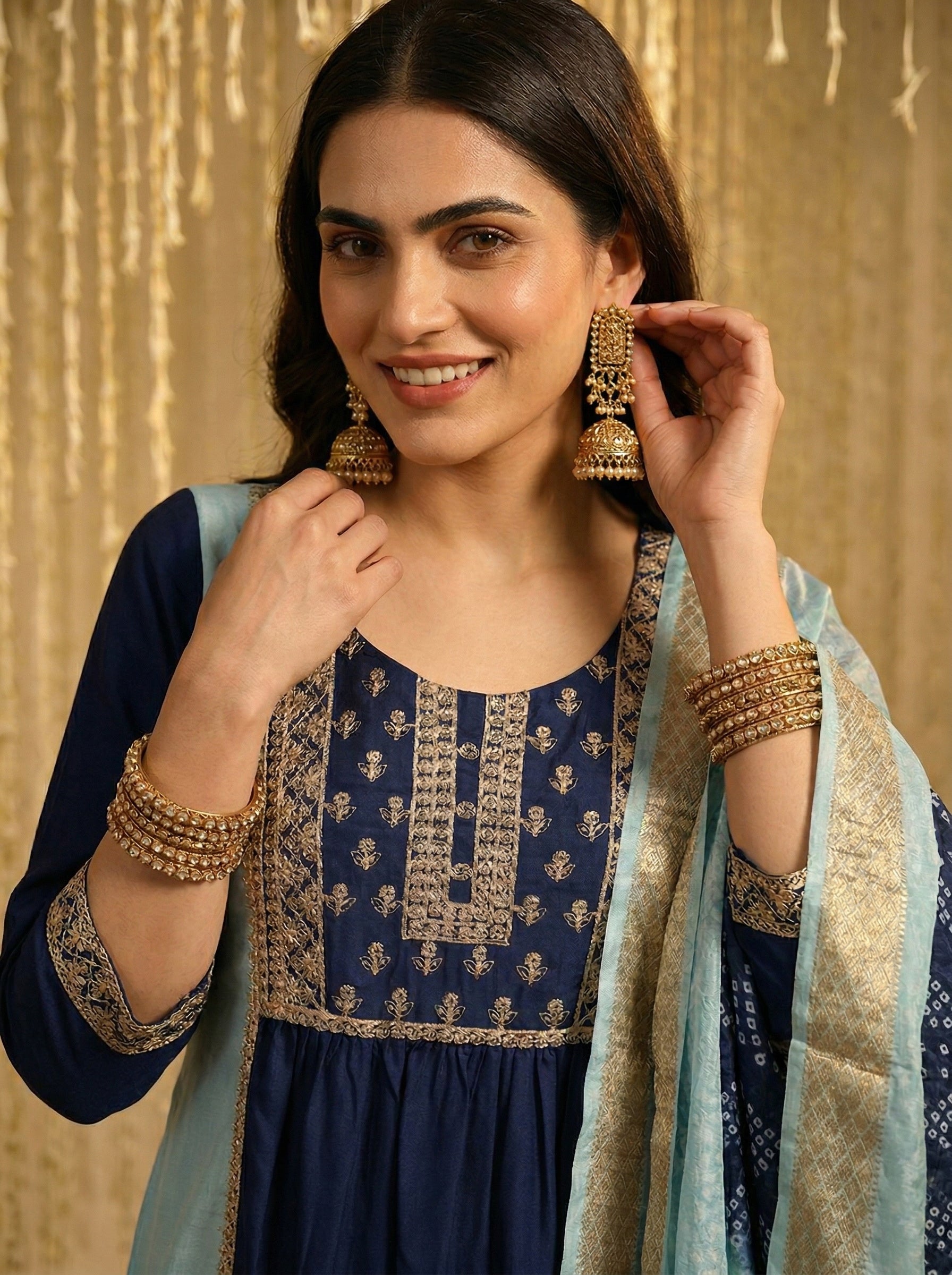 Ocean Twilight Chinnon Embroidered A-Line Kurta Set