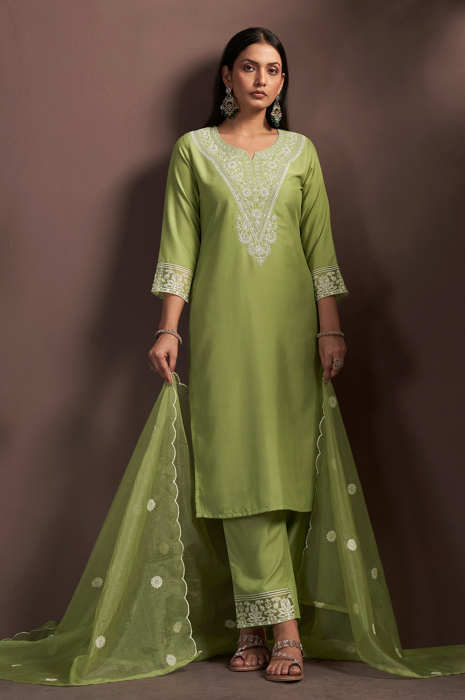 Emerald Grace Cotton Blend Embroidered Pant Set