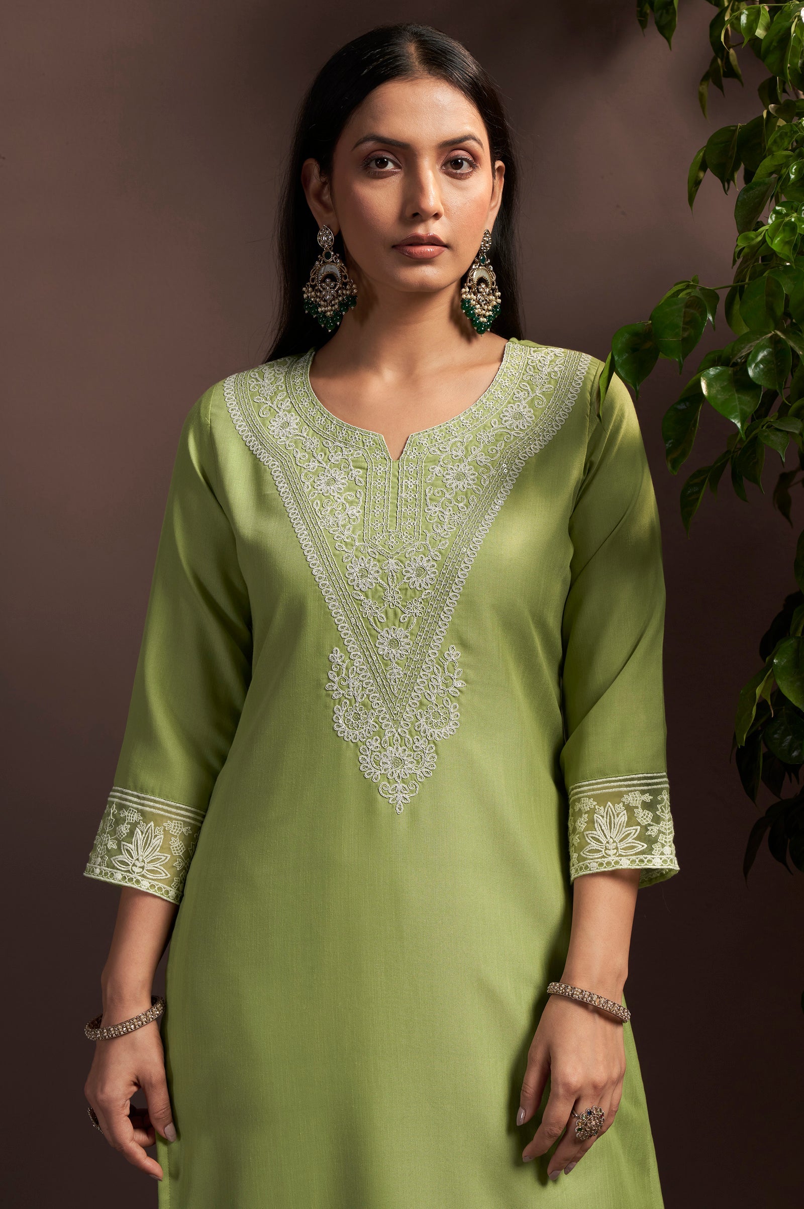 Emerald Grace Cotton Blend Embroidered Pant Set