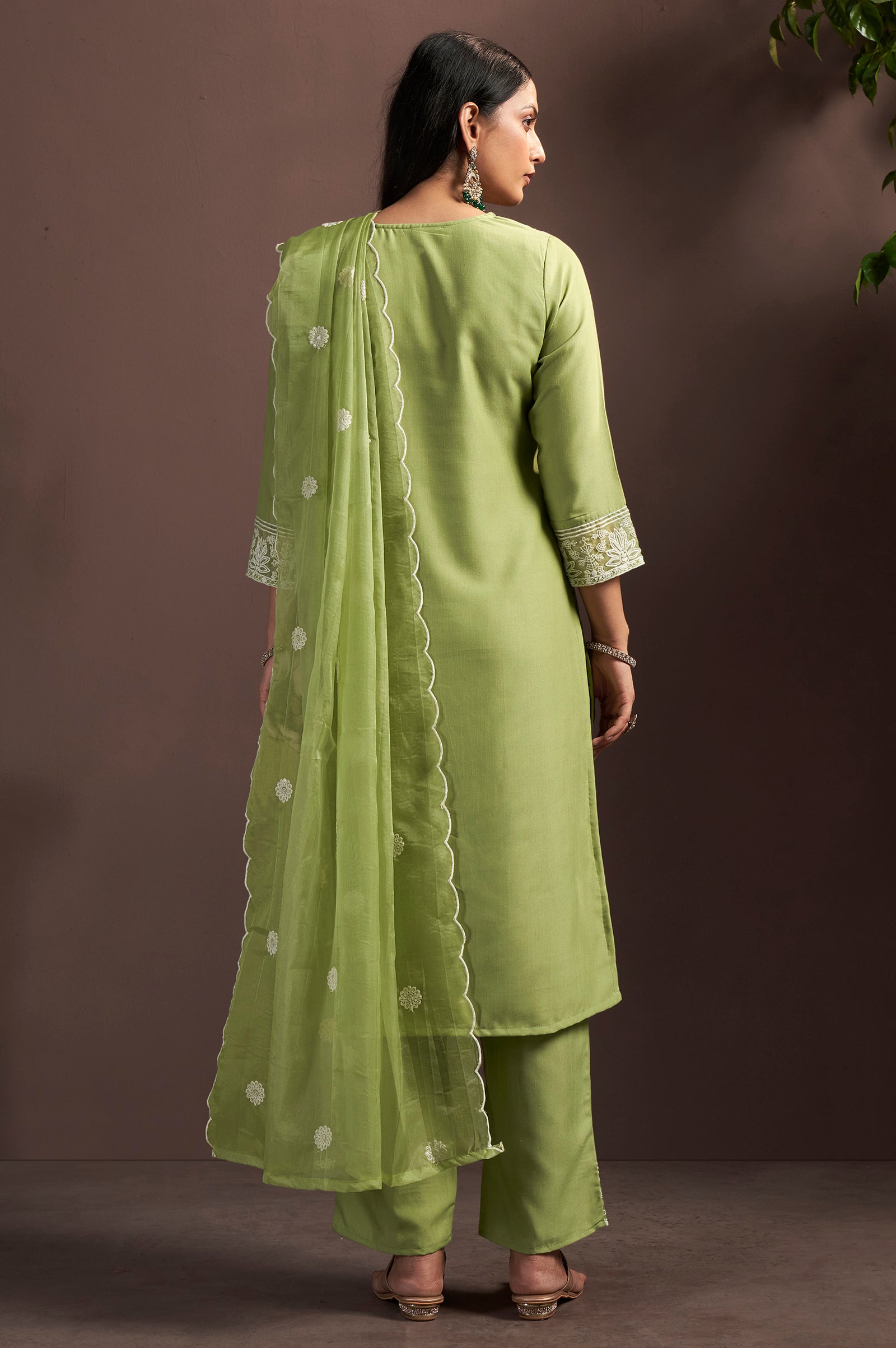 Emerald Grace Cotton Blend Embroidered Pant Set
