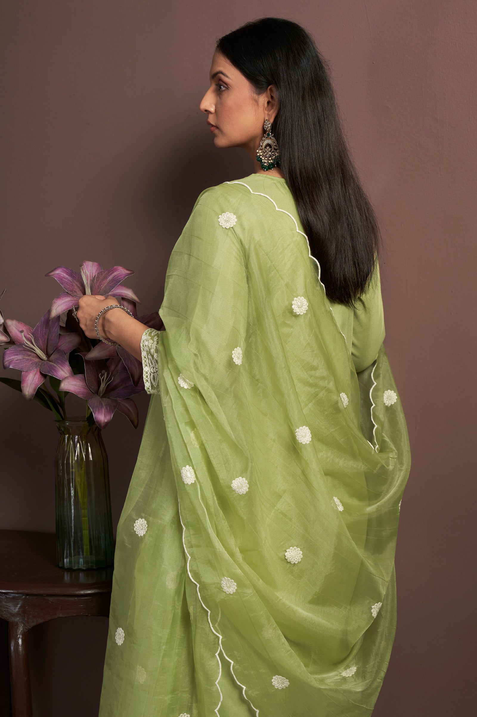 Emerald Grace Cotton Blend Embroidered Pant Set