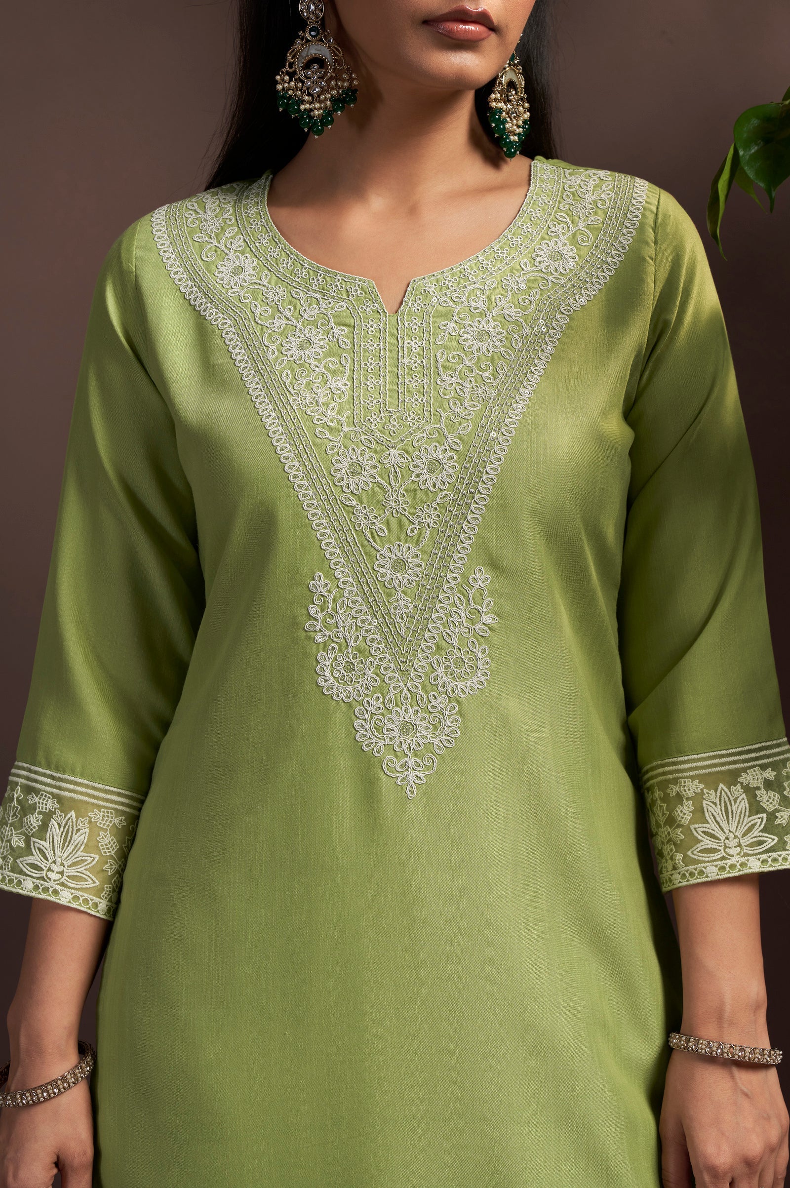Emerald Grace Cotton Blend Embroidered Pant Set