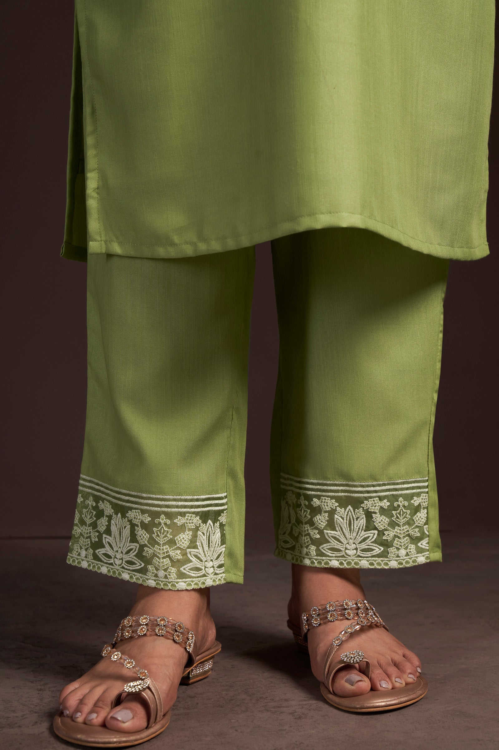 Emerald Grace Cotton Blend Embroidered Pant Set