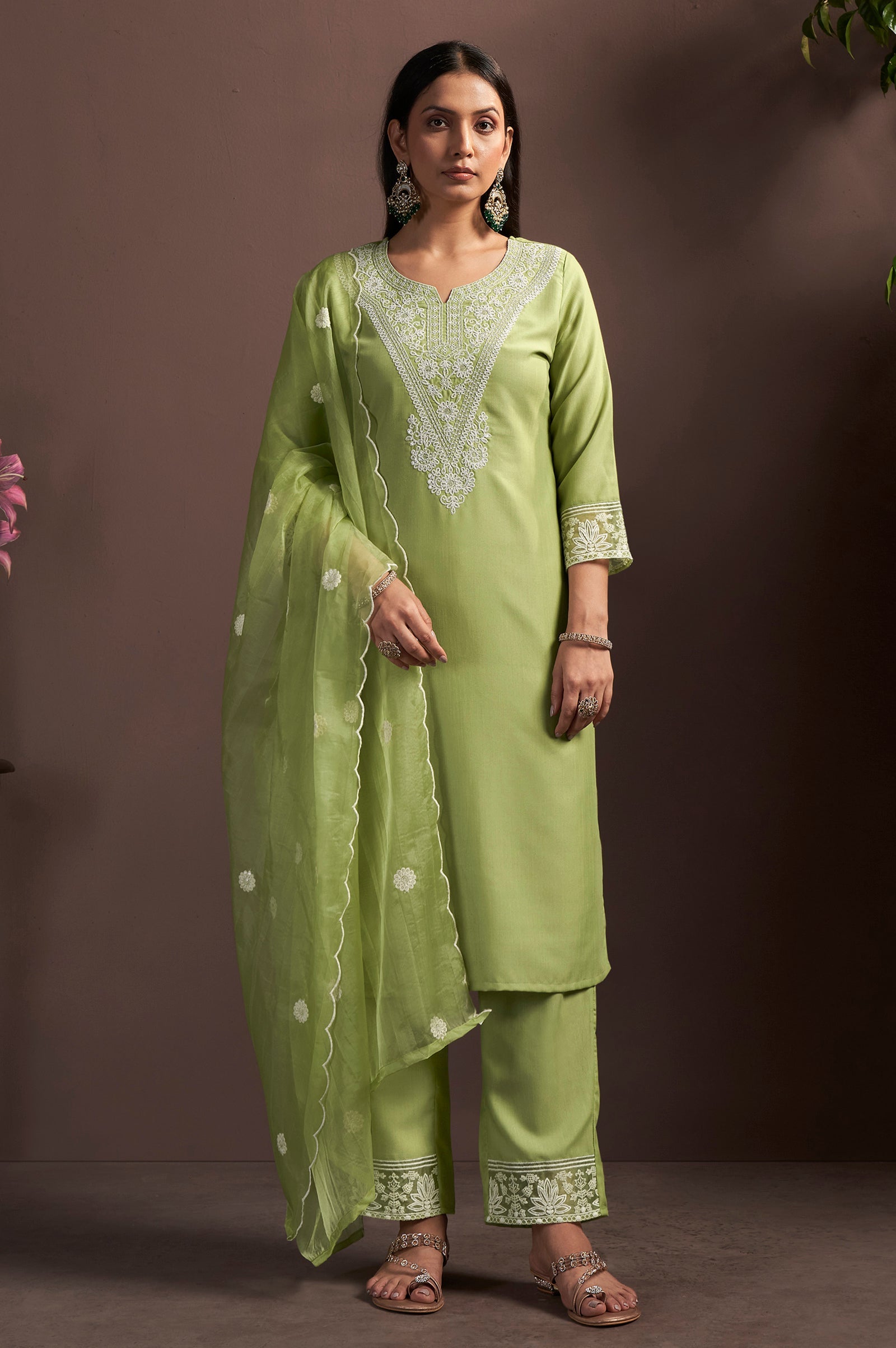Emerald Grace Cotton Blend Embroidered Pant Set