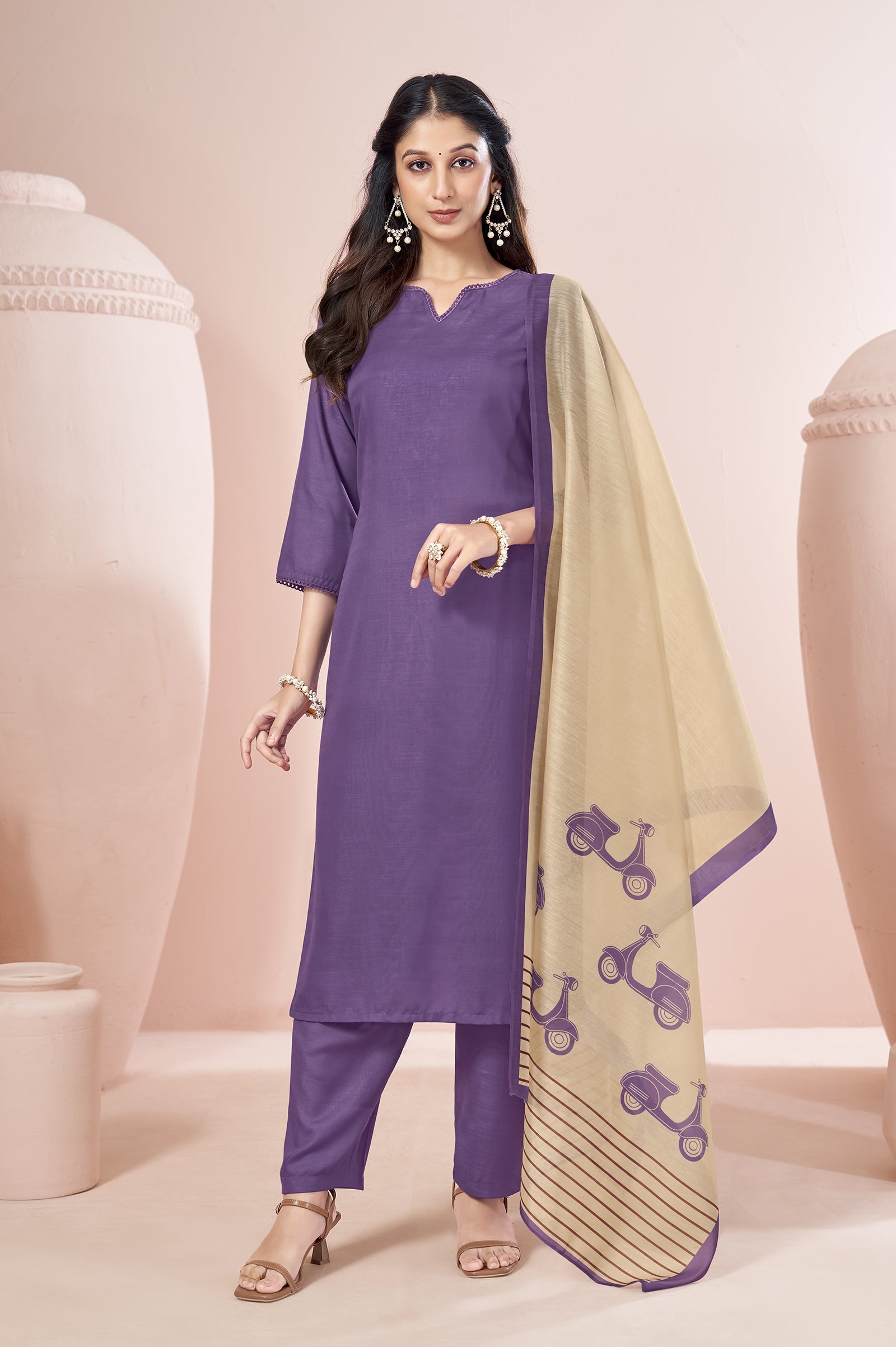 Royal Lavender Cotton Blend Printed Kurta Set