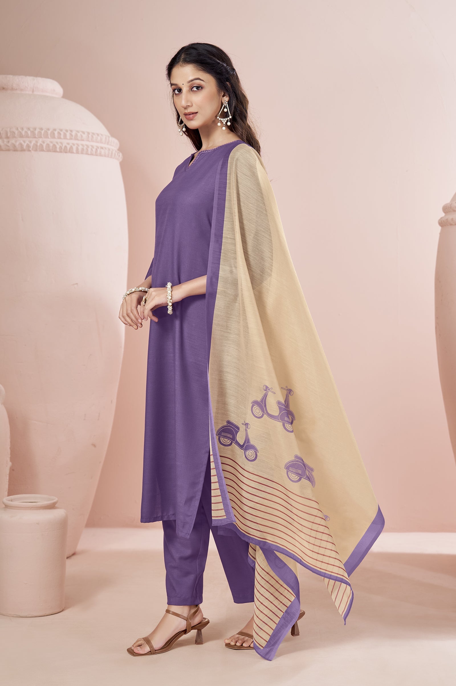 Royal Lavender Cotton Blend Printed Kurta Set