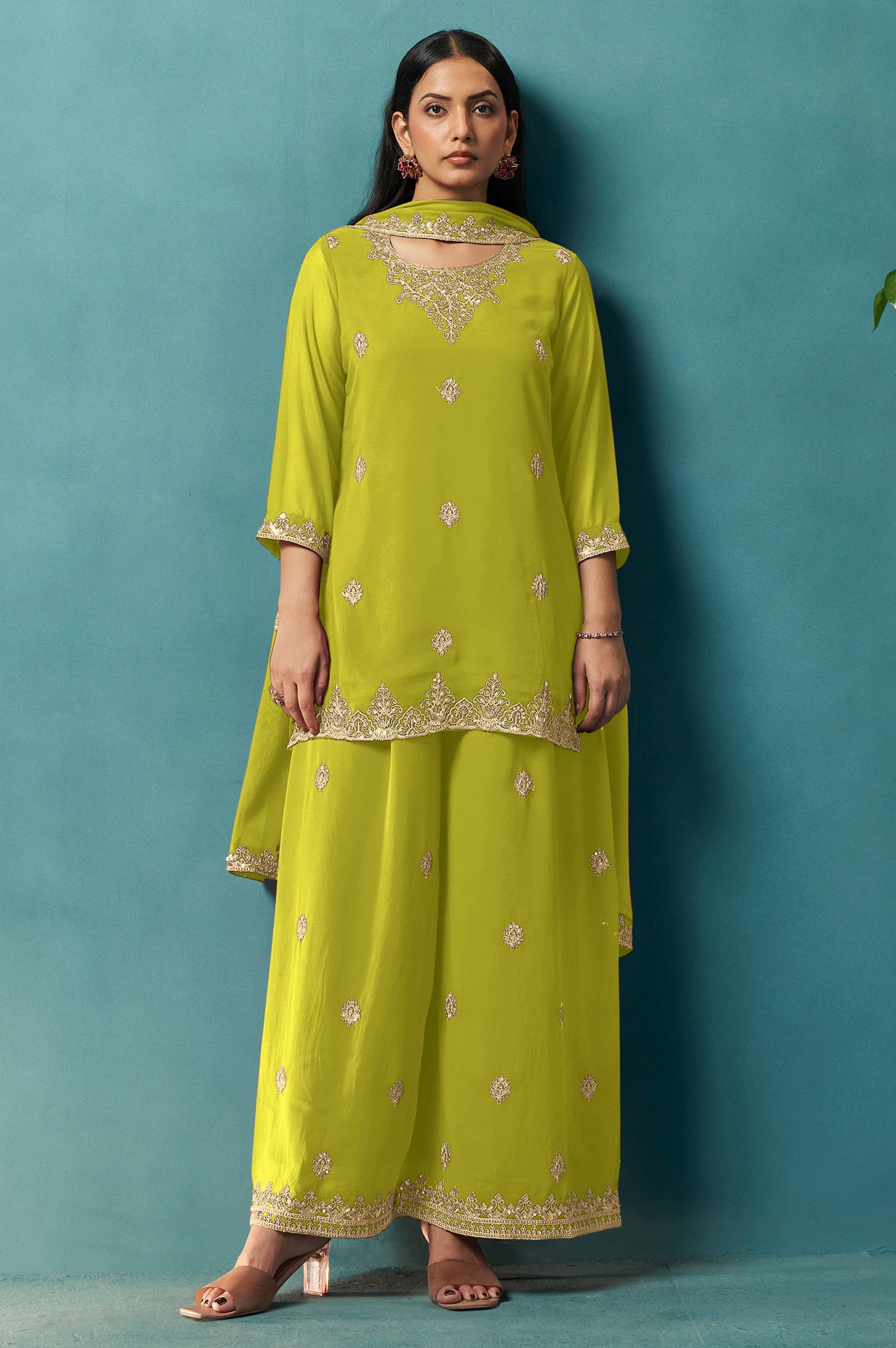 Emerald Grace Georgette Embroidered Sharara Set