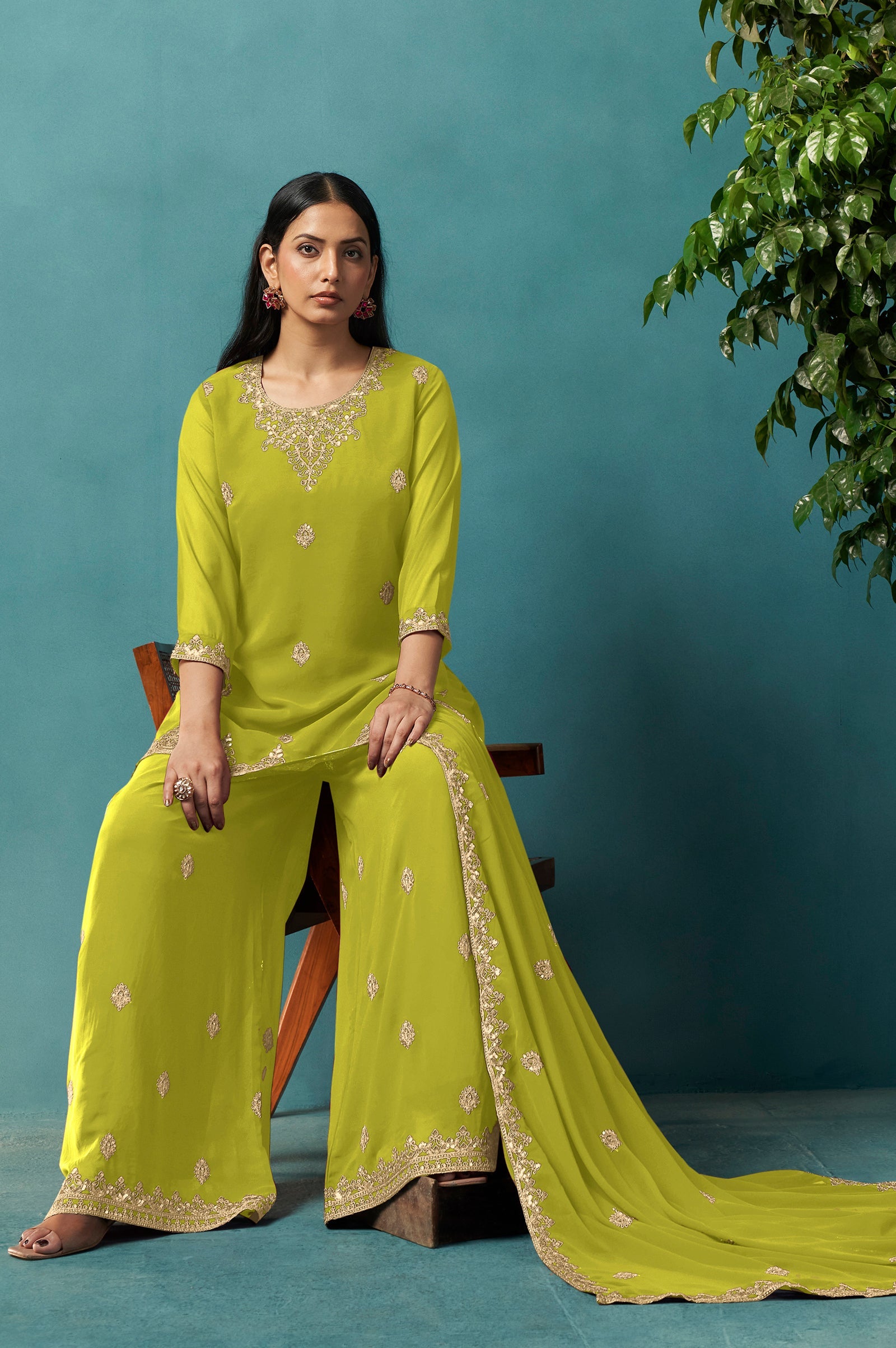 Emerald Grace Georgette Embroidered Sharara Set