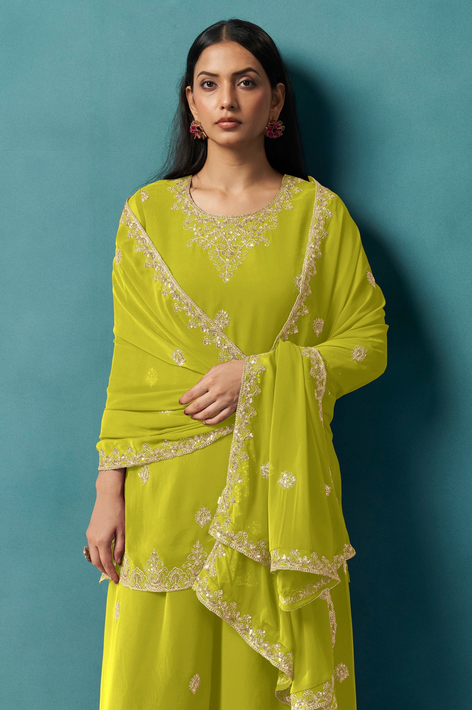 Emerald Grace Georgette Embroidered Sharara Set
