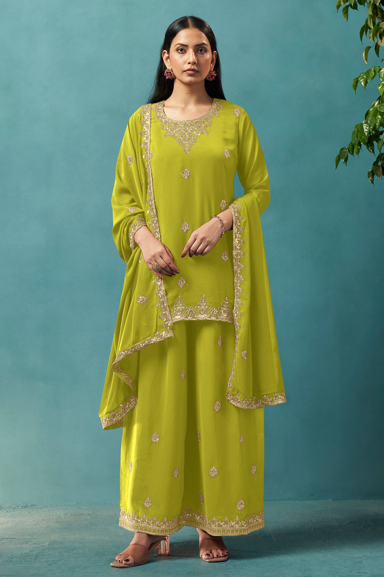 Emerald Grace Georgette Embroidered Sharara Set