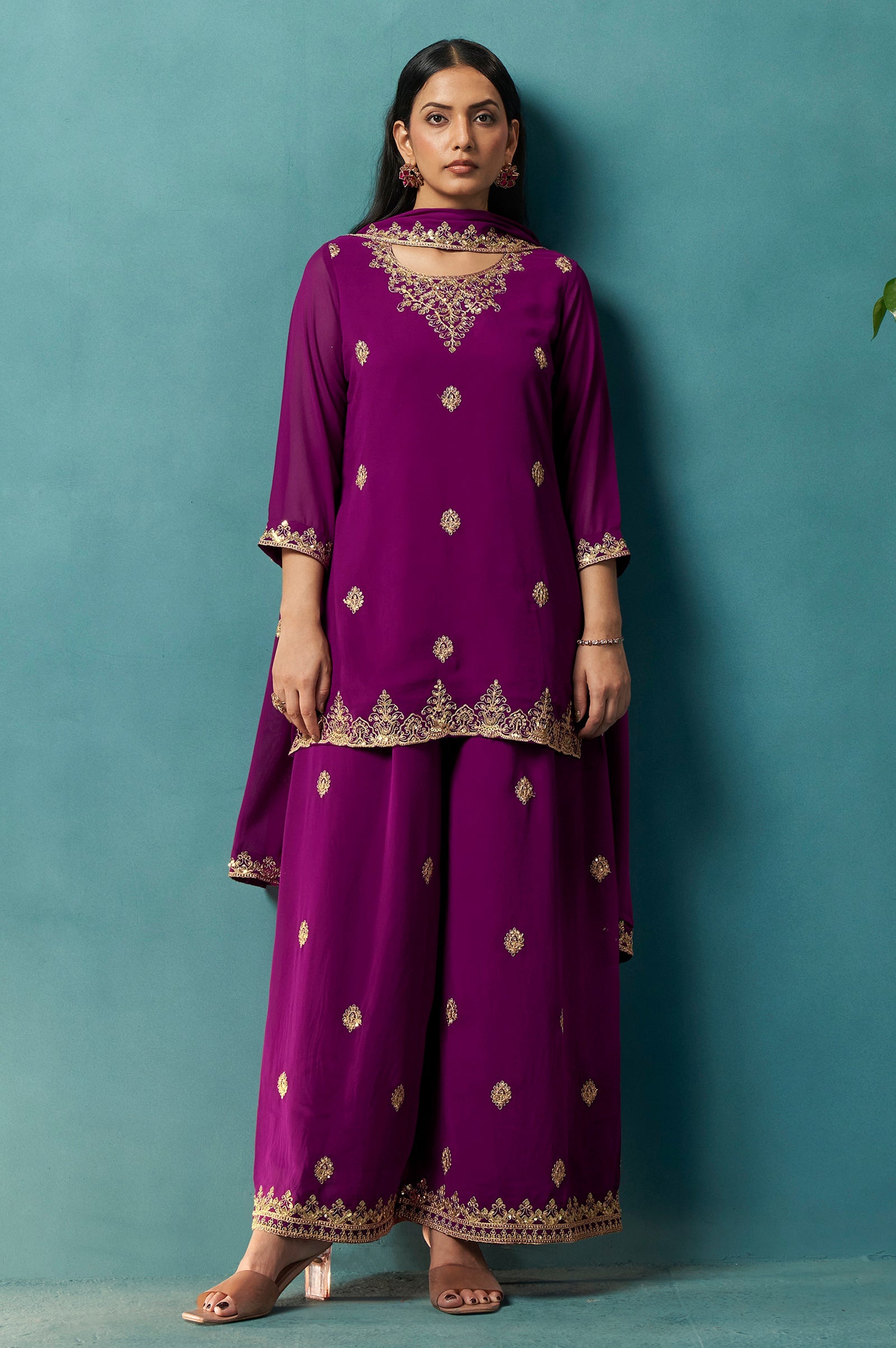 Wine Majesty Georgette Embroidered Sharara Set