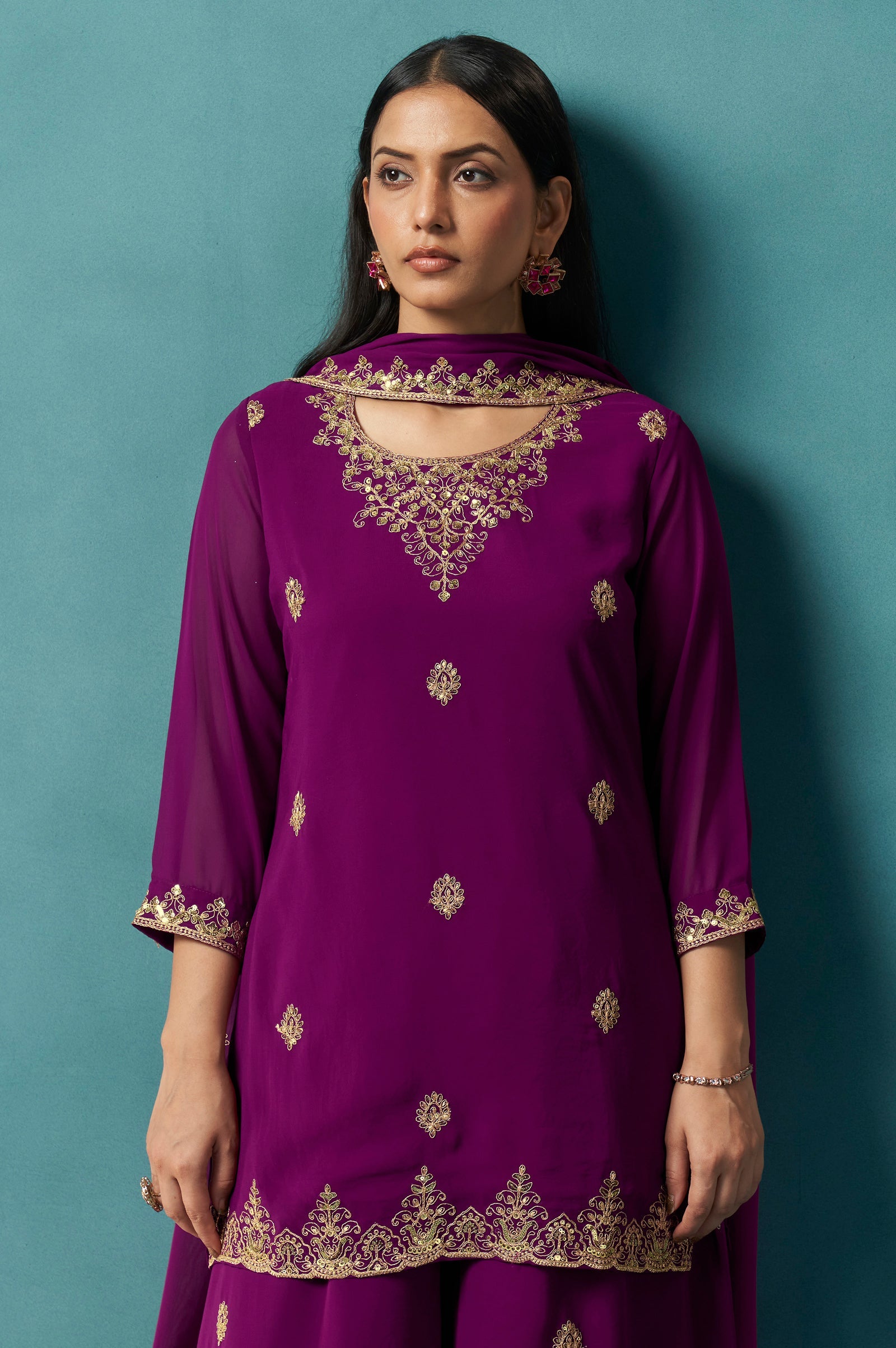 Wine Majesty Georgette Embroidered Sharara Set