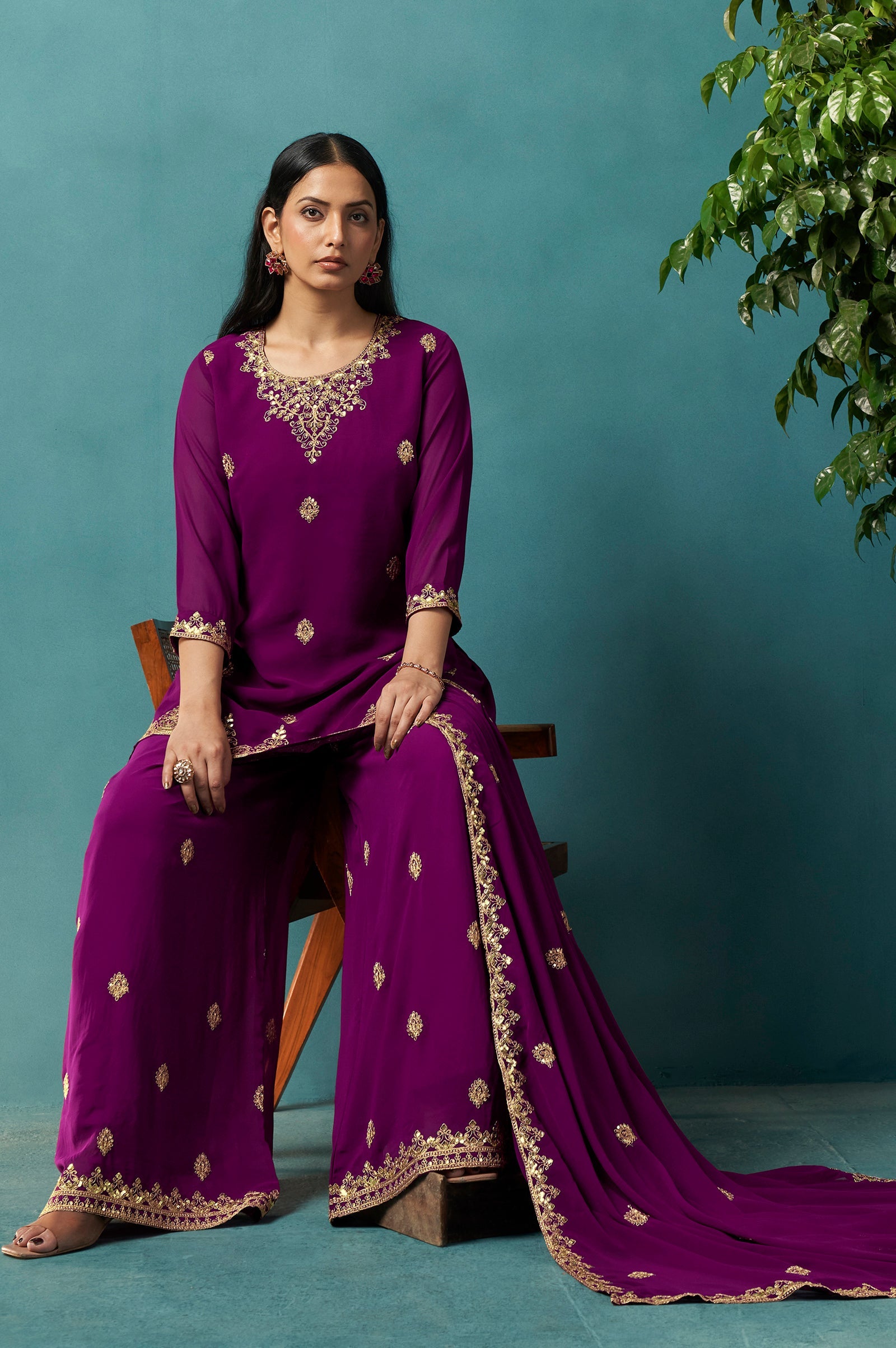 Wine Majesty Georgette Embroidered Sharara Set