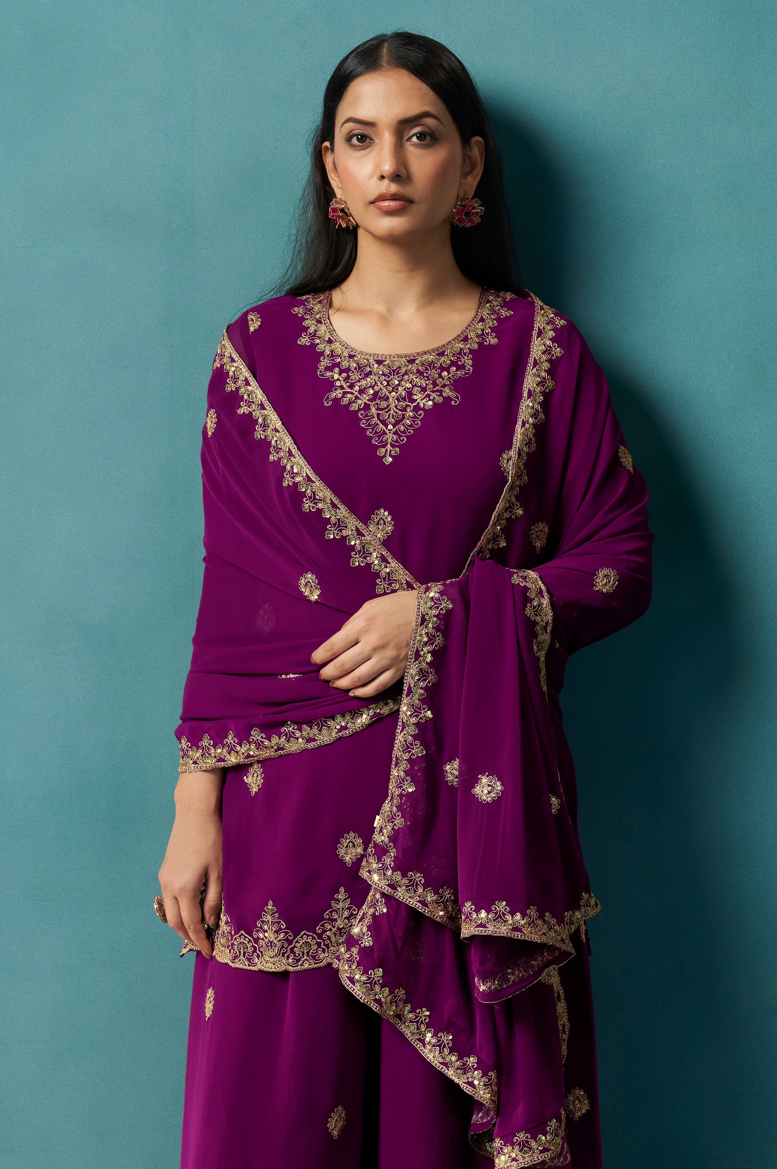 Wine Majesty Georgette Embroidered Sharara Set