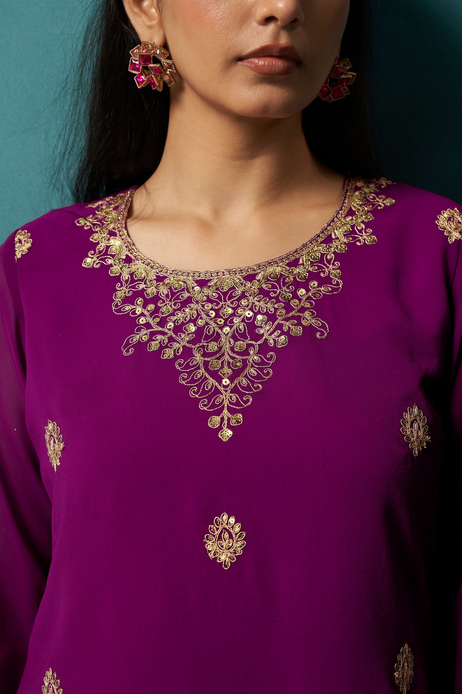 Wine Majesty Georgette Embroidered Sharara Set