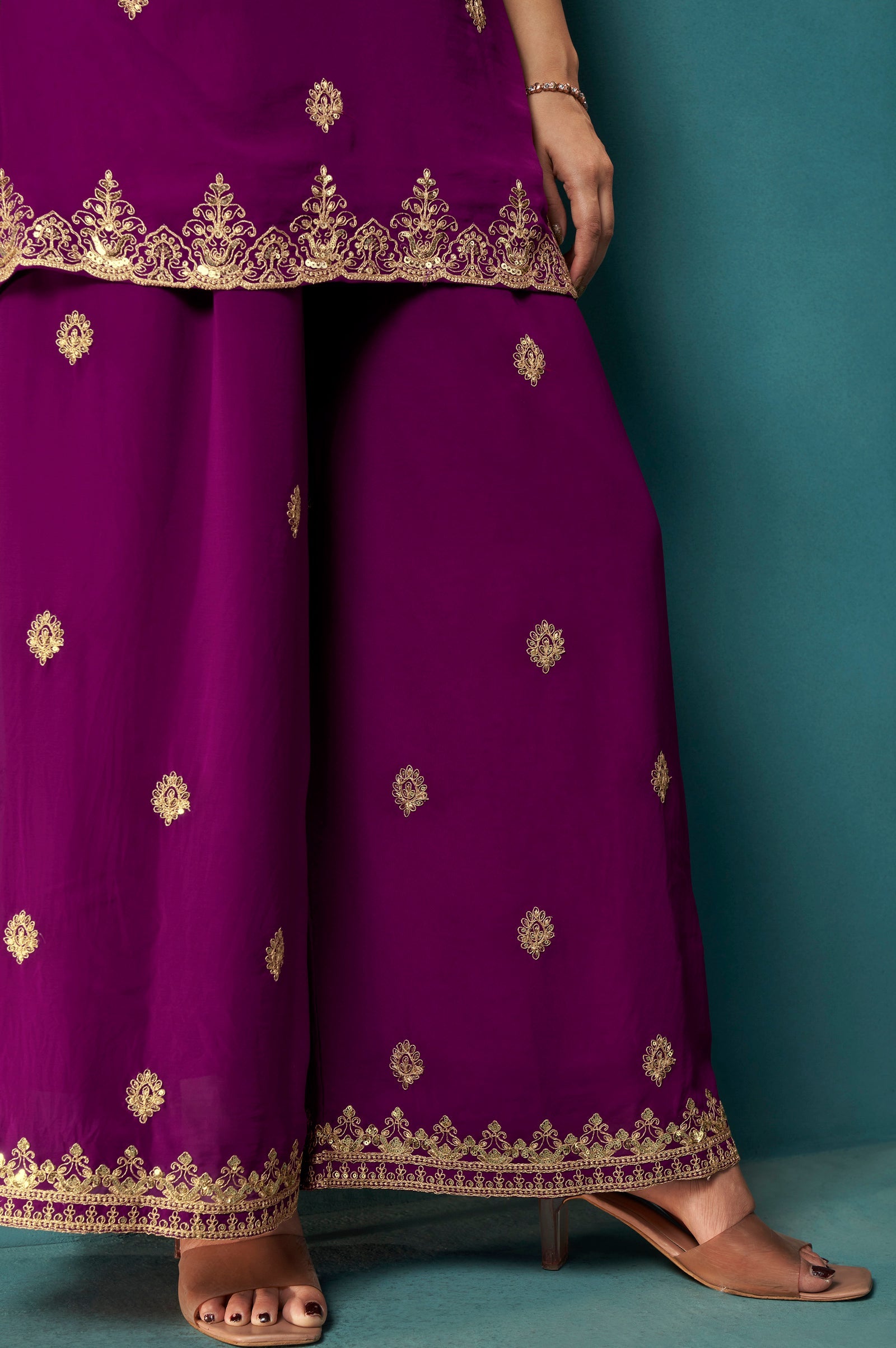 Wine Majesty Georgette Embroidered Sharara Set