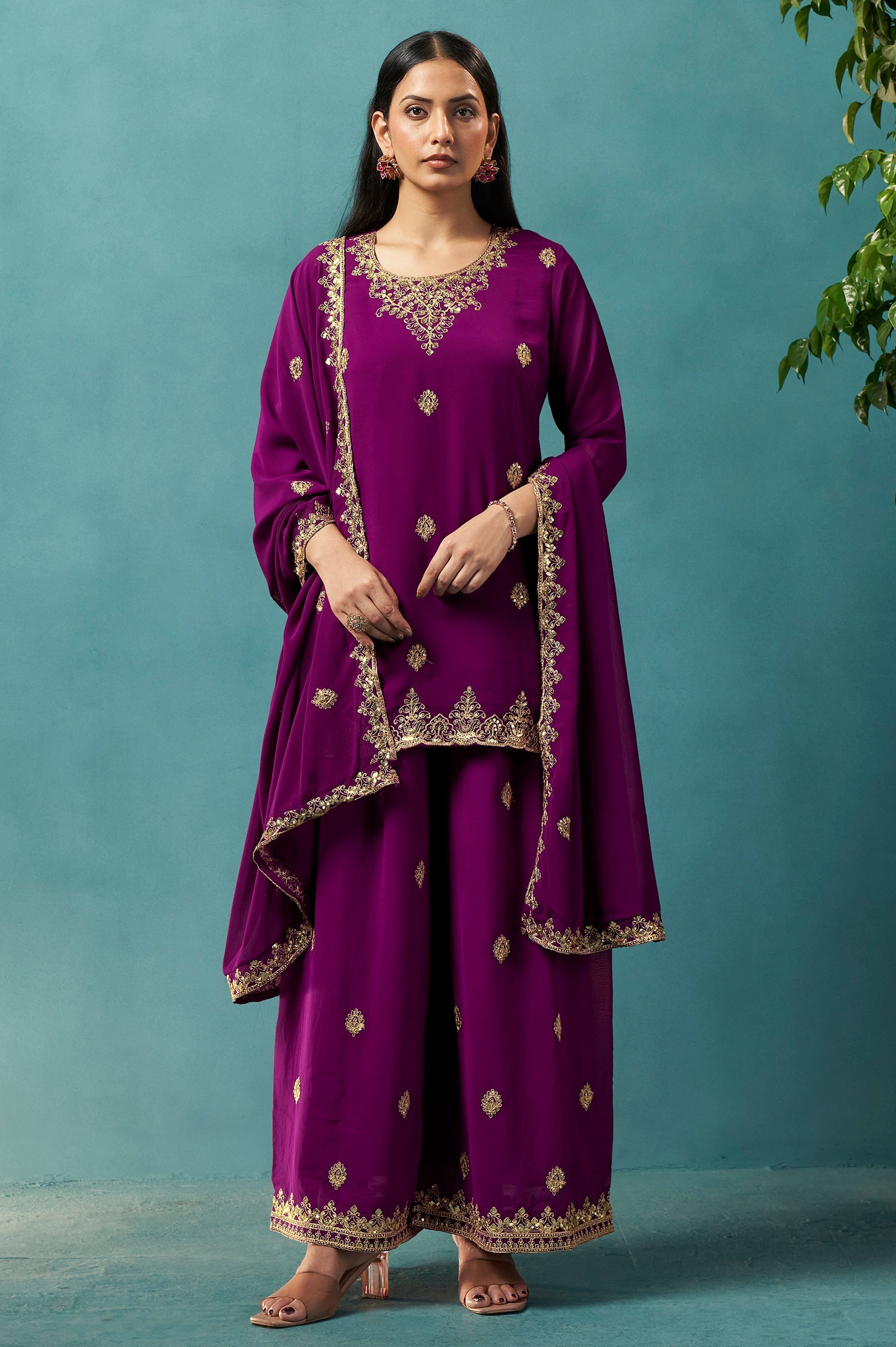 Wine Majesty Georgette Embroidered Sharara Set